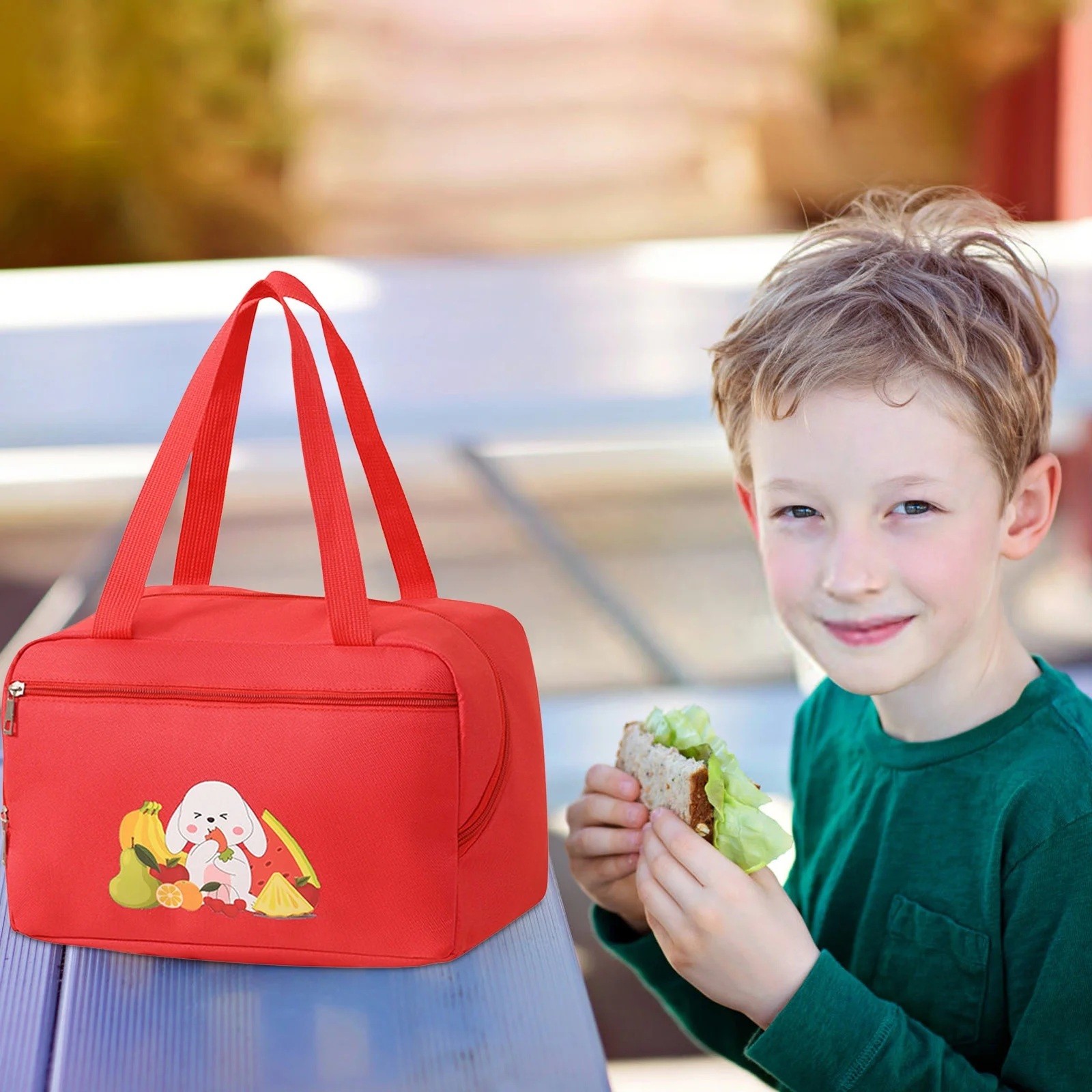 Geanta Termo-Izolanta, Compartimente Telefon si Tacamuri, Multifunctionala, Impermeabila, 30x21x20 cm, Design Iepuras, Rosu [2]