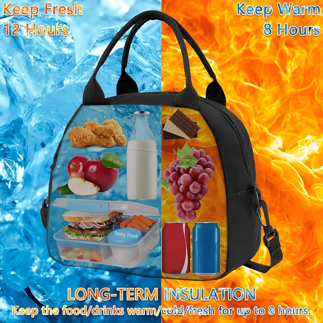 Geanta Termica pentru Pranz Multifunctionala, Compartimentata, Impermeabila, 2 Tipuri de Manere, 26x14.3x21.2 cm, Negru [4]