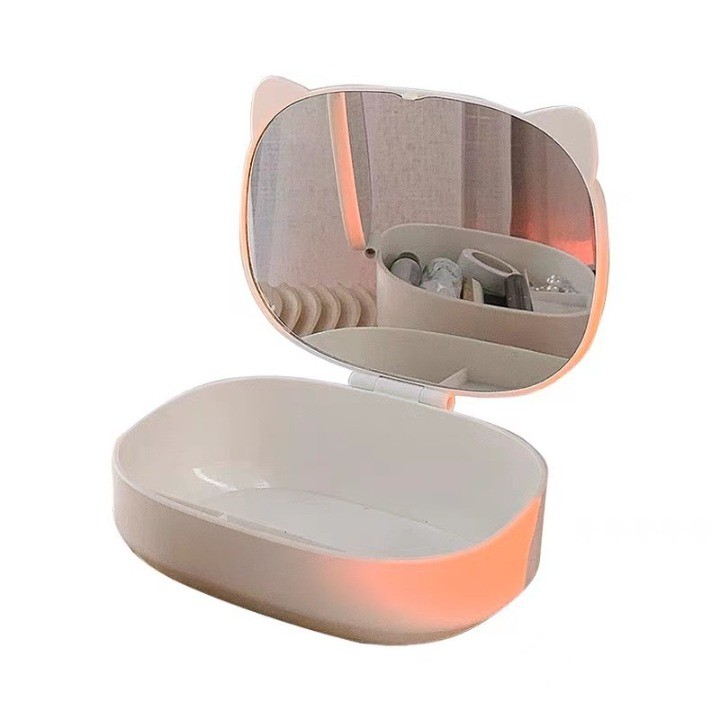 Accesorii Machiaj si Trimmere - Cutie cu Oglinda, Model Pisica, 4 Compartimente, Cutie de Depozitare a Machiajelor si Accesoriilor, Oglinda de Machiaj, 17x13x6cm, Alb