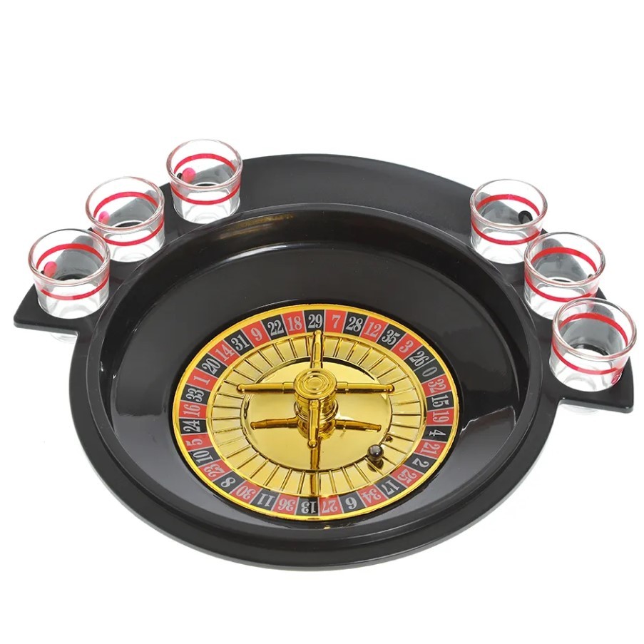 Jocuri de societate - Joc de Baut Ruleta cu 6 Pahare de Shot din Sticla , 30 x 26.5 x 6.5 cm, Rosu/Negru