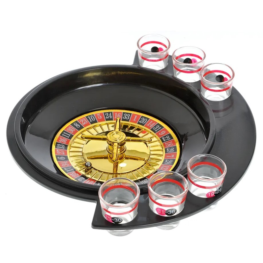 Joc de Baut Ruleta cu 6 Pahare de Shot din Sticla , 30 x 26.5 x 6.5 cm, Rosu/Negru [2]