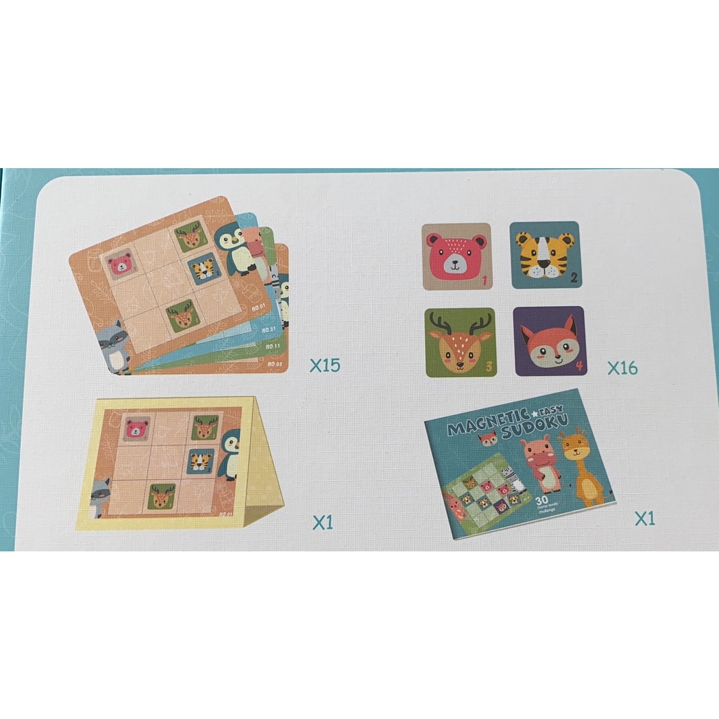 Joc educativ Sudoku cu tablita magnetica, 32 de piese, cartonase cu animale, Verde [5]