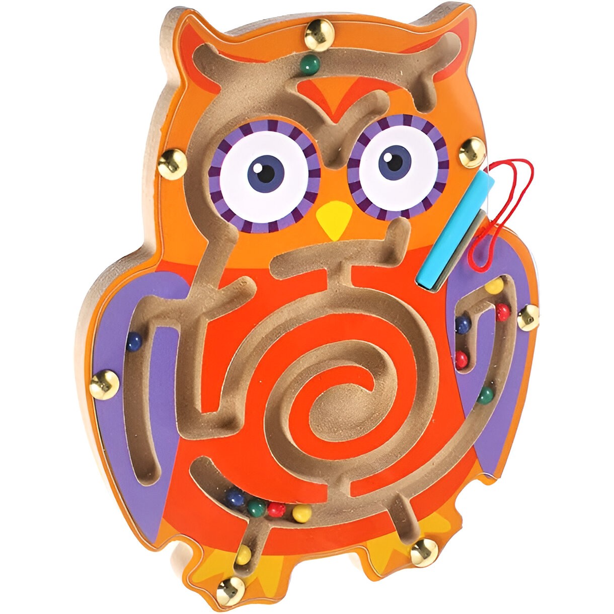 Joc Montessori cu Bile, Creion Magnetic, Tip Labirint, din Lemn, Model Bufnita, 18.5x17.5 cm, Portocaliu-Mov [5]