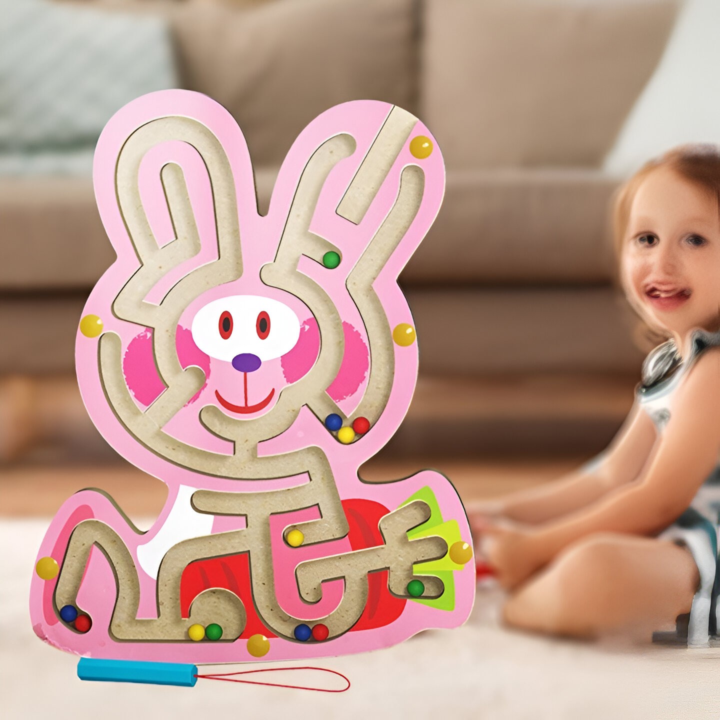 Joc Montessori cu Bile, Creion Magnetic, Tip Labirint, din Lemn, Model Iepuras, 19.5x15.5 cm, Roz [2]