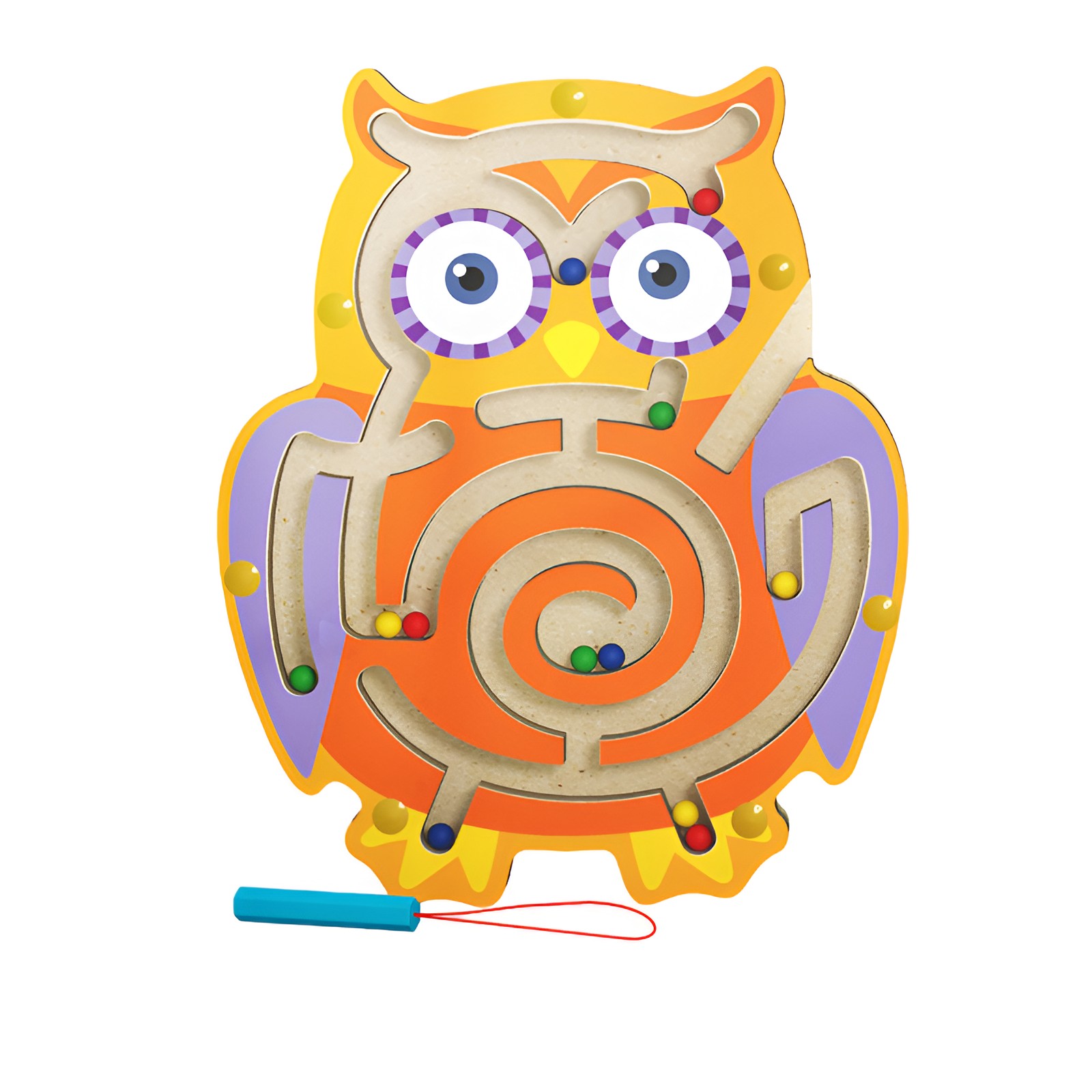 Jucarii din lemn - Joc Montessori cu Bile, Creion Magnetic, Tip Labirint, din Lemn, Model Bufnita, 18.5x17.5 cm, Portocaliu-Mov