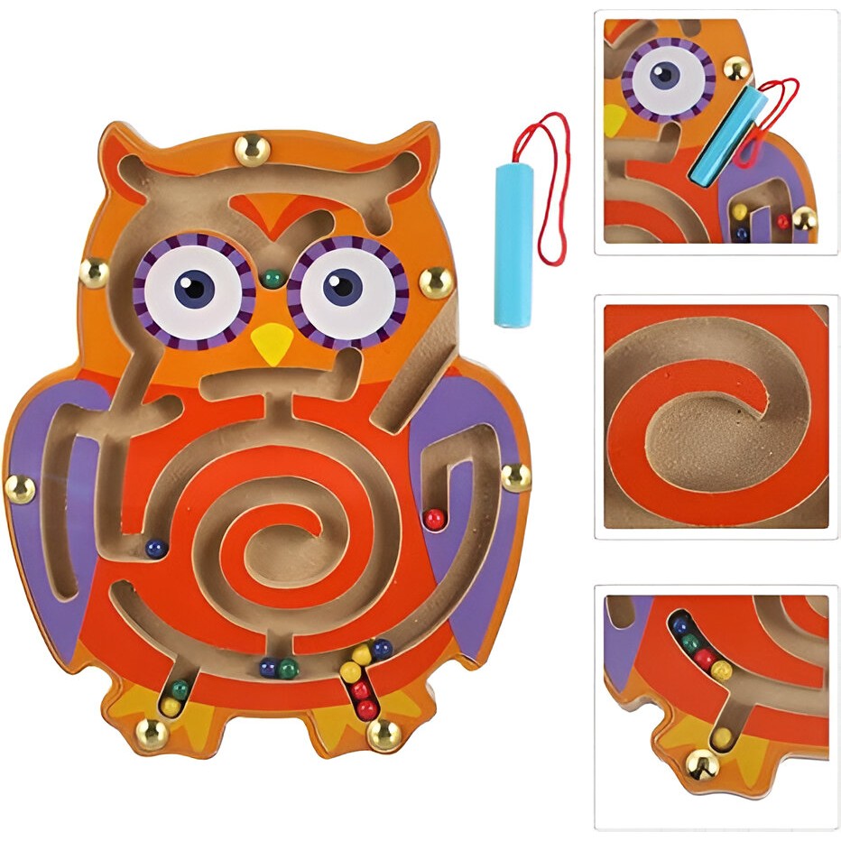 Joc Montessori cu Bile, Creion Magnetic, Tip Labirint, din Lemn, Model Bufnita, 18.5x17.5 cm, Portocaliu-Mov [4]