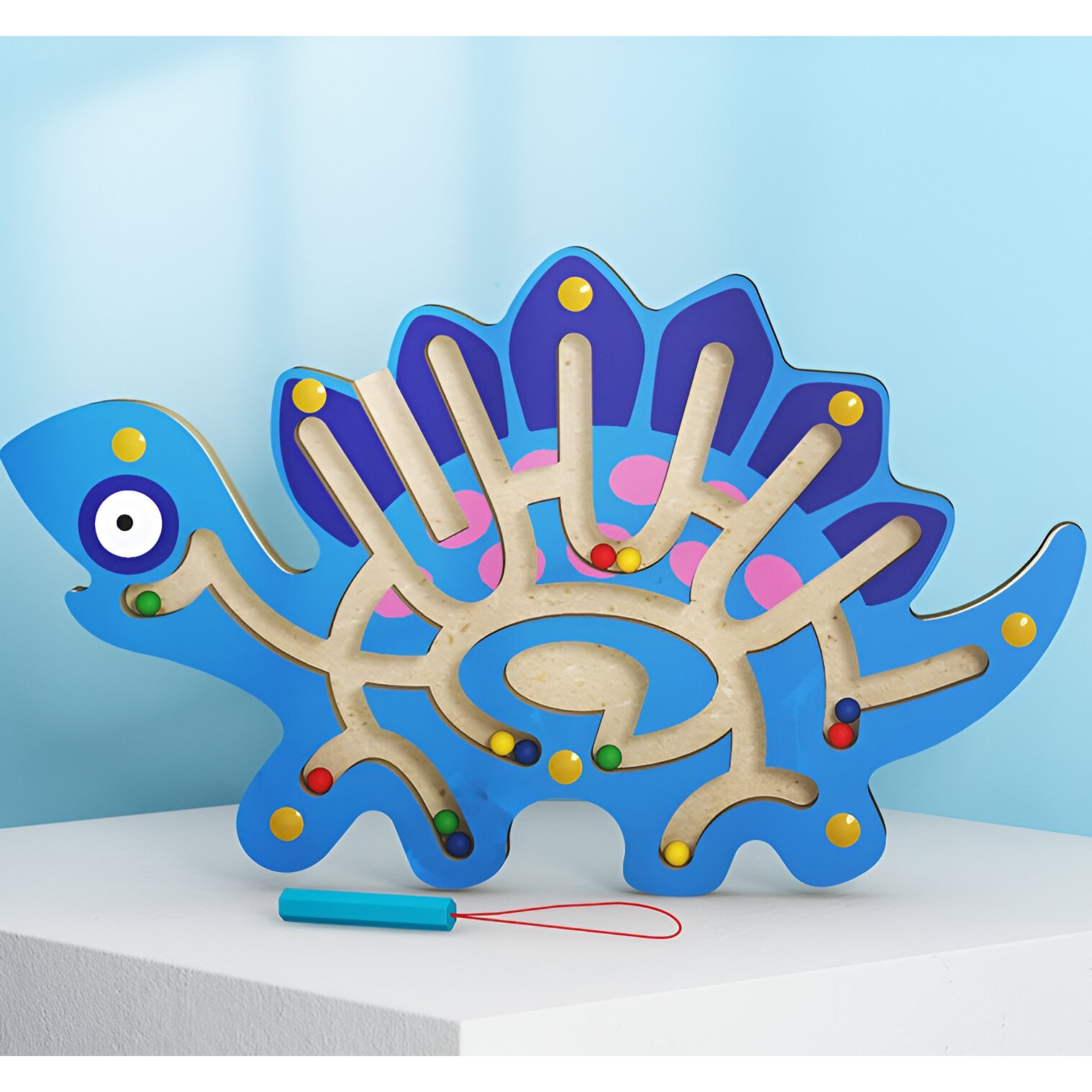 Joc Montessori cu Bile, Creion Magnetic, Tip Labirint, din Lemn, Model Stegozaur, 25x15.5 cm, Albastru [1]