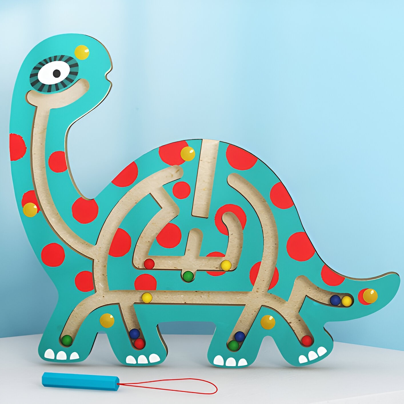 Joc Montessori cu Bile, Creion Magnetic, Tip Labirint, din Lemn, Model Brontozaur, 18x21 cm, Verde [2]