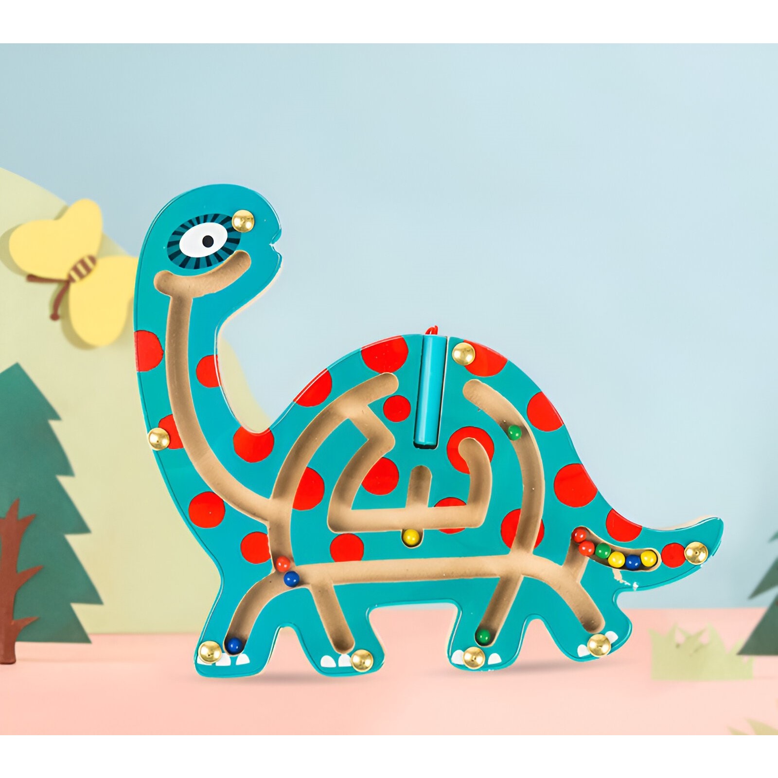 Joc Montessori cu Bile, Creion Magnetic, Tip Labirint, din Lemn, Model Brontozaur, 18x21 cm, Verde [3]