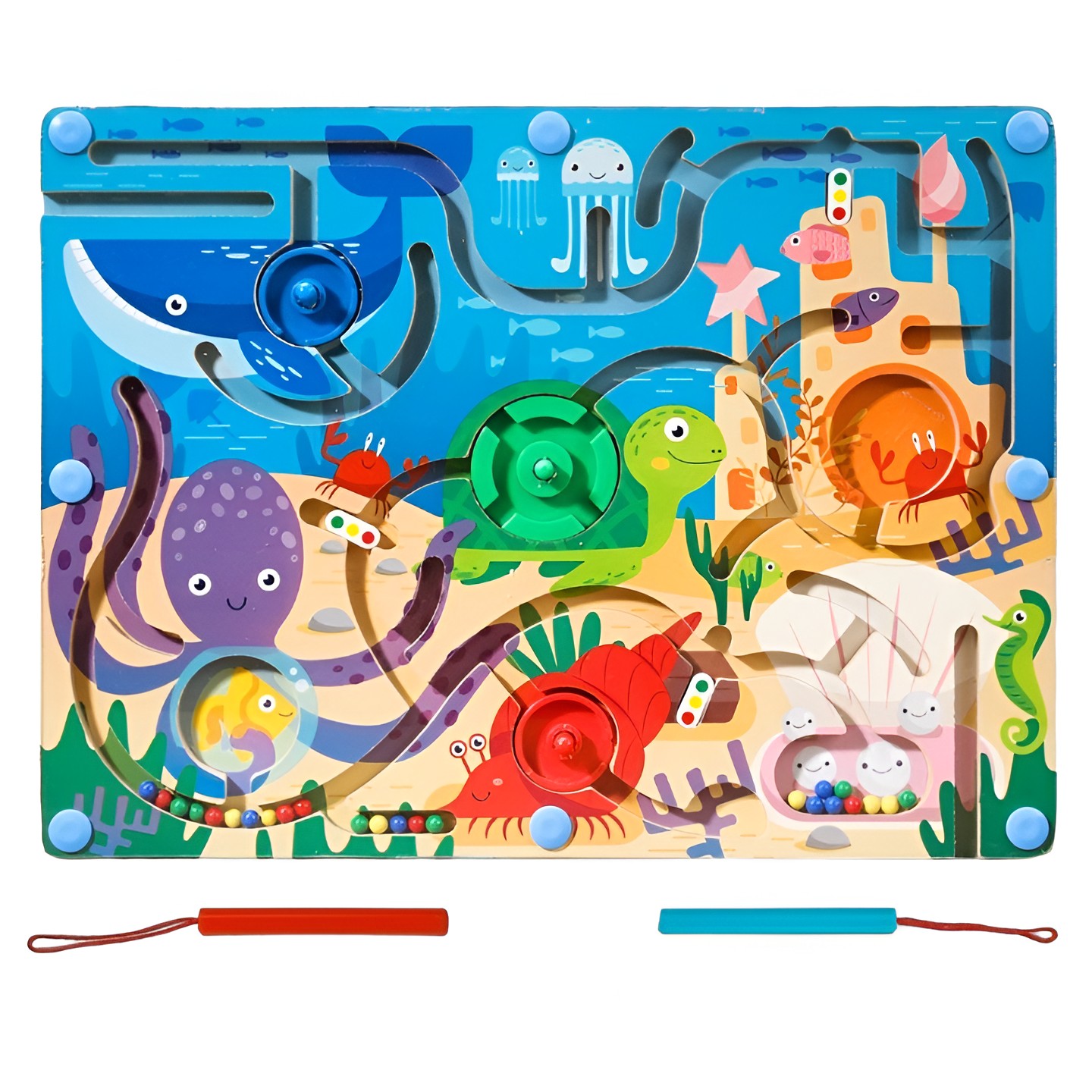 Jucarii din lemn - Joc Montessori de Sortare Culori, Creion Magnetic, Tip Labirint Ilustrat, din Lemn, Model Animale Marine, 39x29x1.5 cm