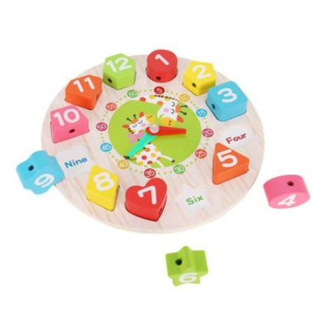 Jucarie Educativa Tip Montessori, Model Ceas Girafa, din Lemn, + 36 Luni, 12 Piese, 17 cm, Multicolor [3]