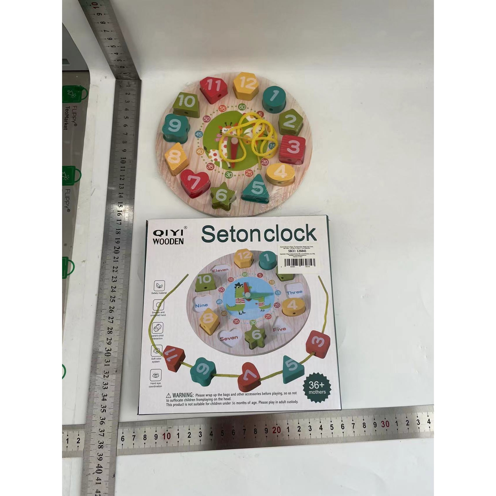 Jucarie Educativa Tip Montessori, Model Ceas Girafa, din Lemn, + 36 Luni, 12 Piese, 17 cm, Multicolor [7]