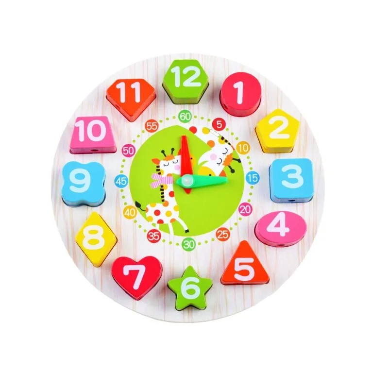 Jucarie Educativa Tip Montessori, Model Ceas Girafa, din Lemn, + 36 Luni, 12 Piese, 17 cm, Multicolor [2]