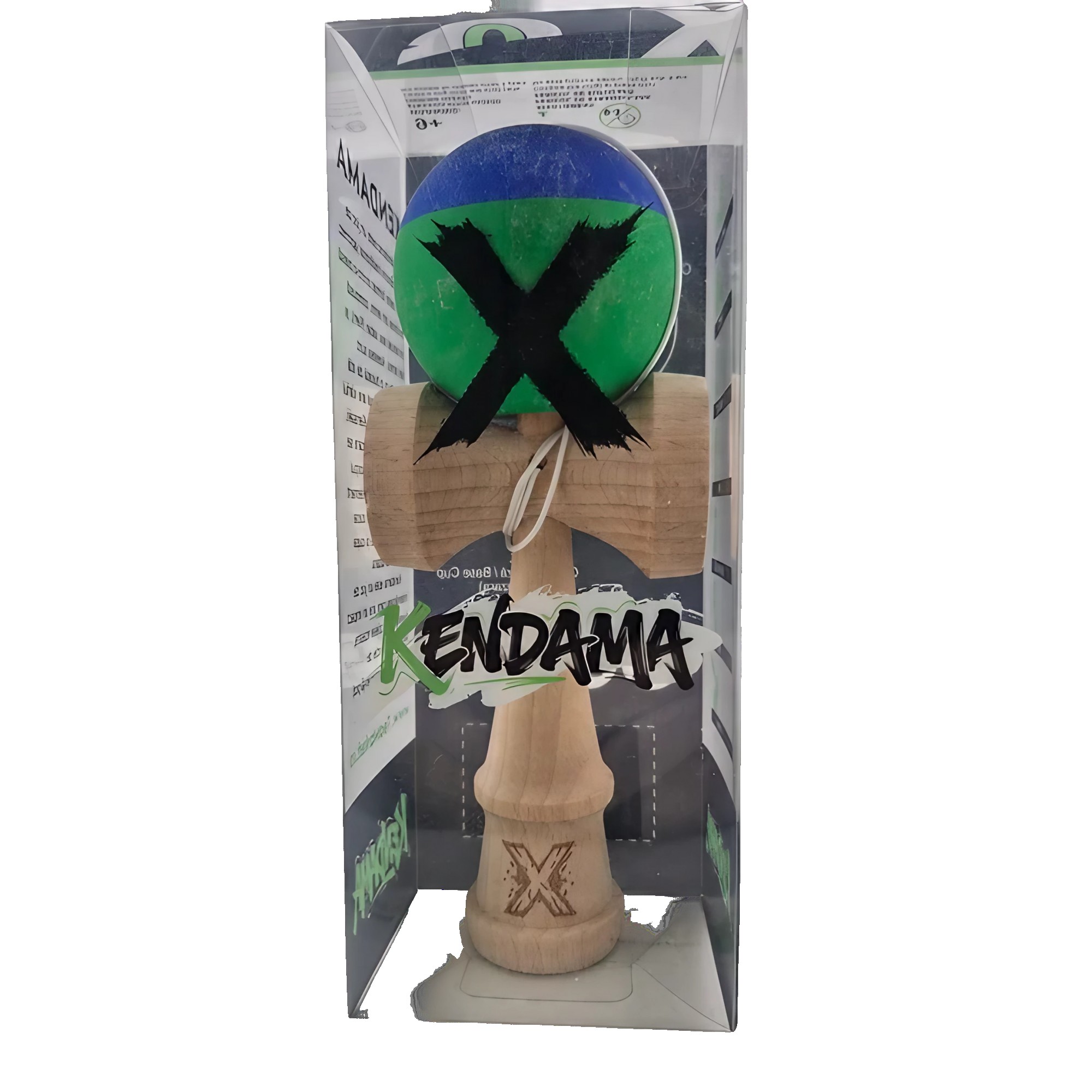Jucarie Kendama X Originala, Profesionala, din Lemn, Rubber Grip, 18 cm, Albastru/Verde [1]