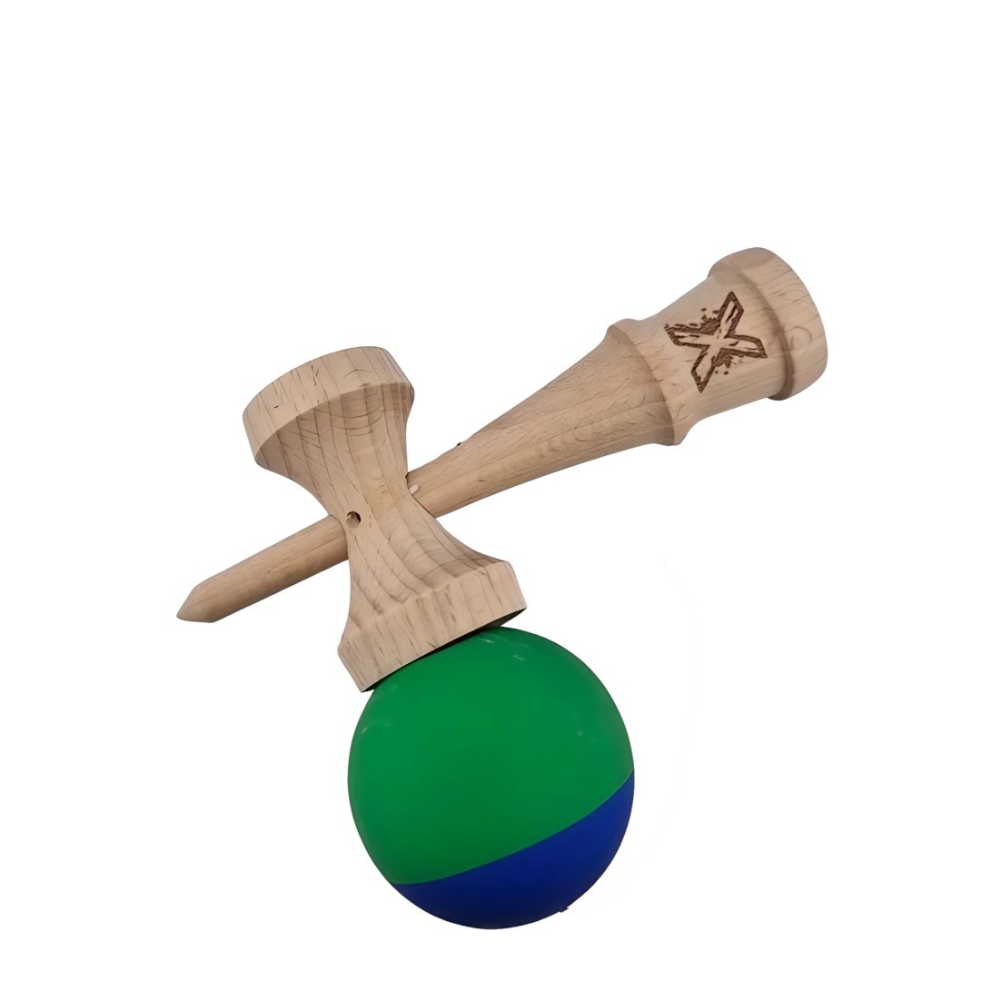 Jucarie Kendama X Originala, Profesionala, din Lemn, Rubber Grip, 18 cm, Albastru/Verde [2]