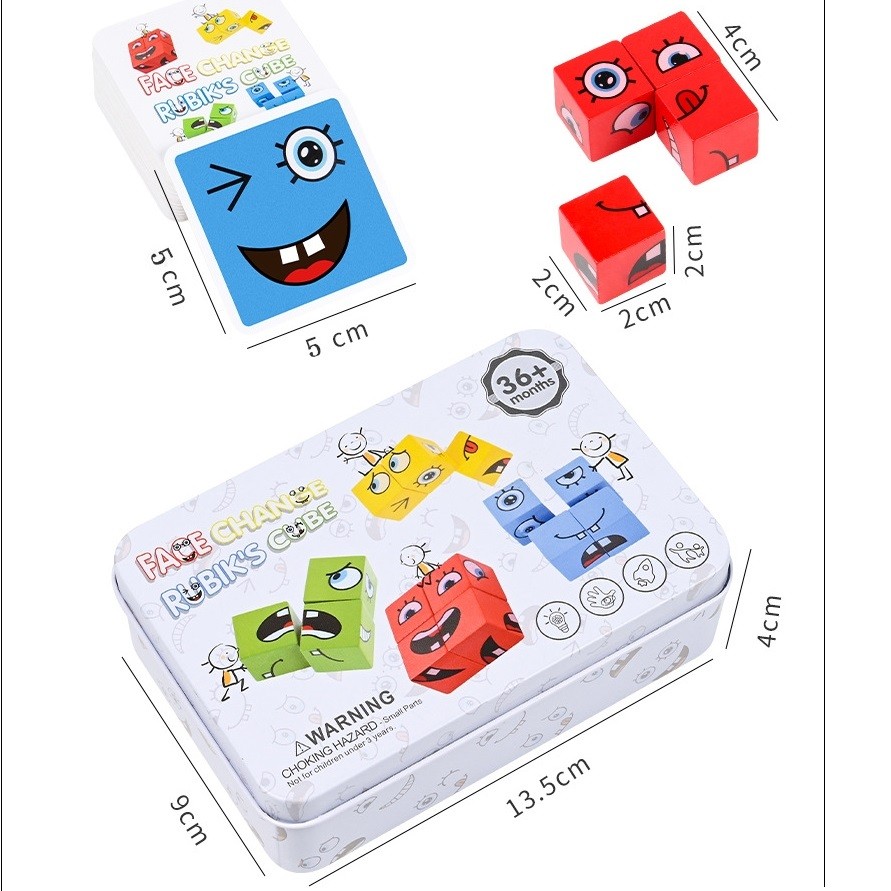 Jucarie Pentru Copii Montessori Cub din Lemn, Asamblare Fete, 64 de Carti Distractive, pentru Baieti si Fete, Varsta +3 ani, Educativ, Cutie din Aluminiu, 13.5 x 4 x 9 cm, multicolor [1]