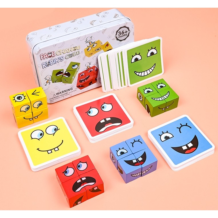 Jucarie Pentru Copii Montessori Cub din Lemn, Asamblare Fete, 64 de Carti Distractive, pentru Baieti si Fete, Varsta +3 ani, Educativ, Cutie din Aluminiu, 13.5 x 4 x 9 cm, multicolor [2]