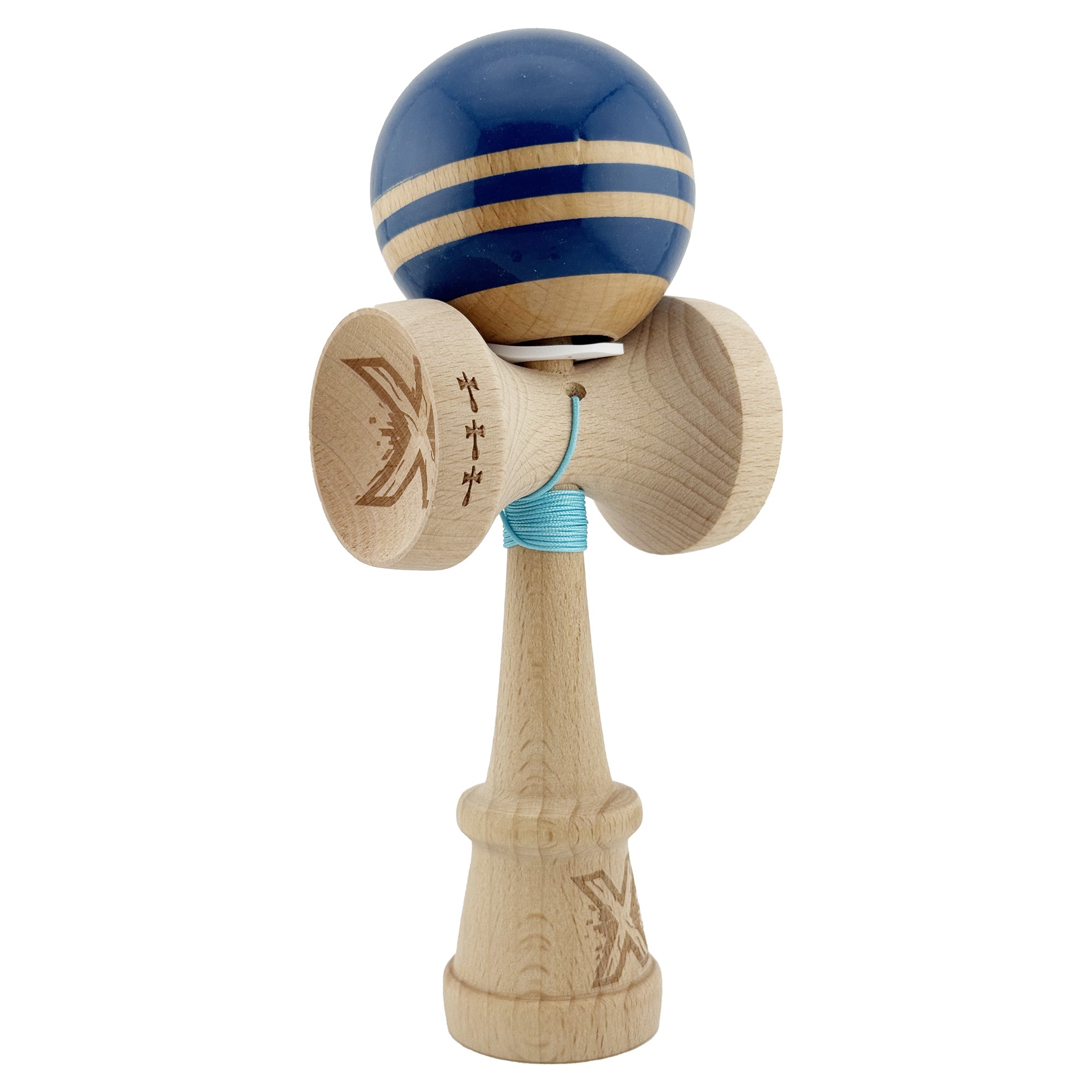 Kendama si Spinnere - Kendama X Originala RAINBOW, Profesionala, Cupe Mari KING SIZE V3, Super Sticky, Gaura in Baza, Rulment Metalic, din lemn 18 cm, Ata 55 cm, Albastru/Maro