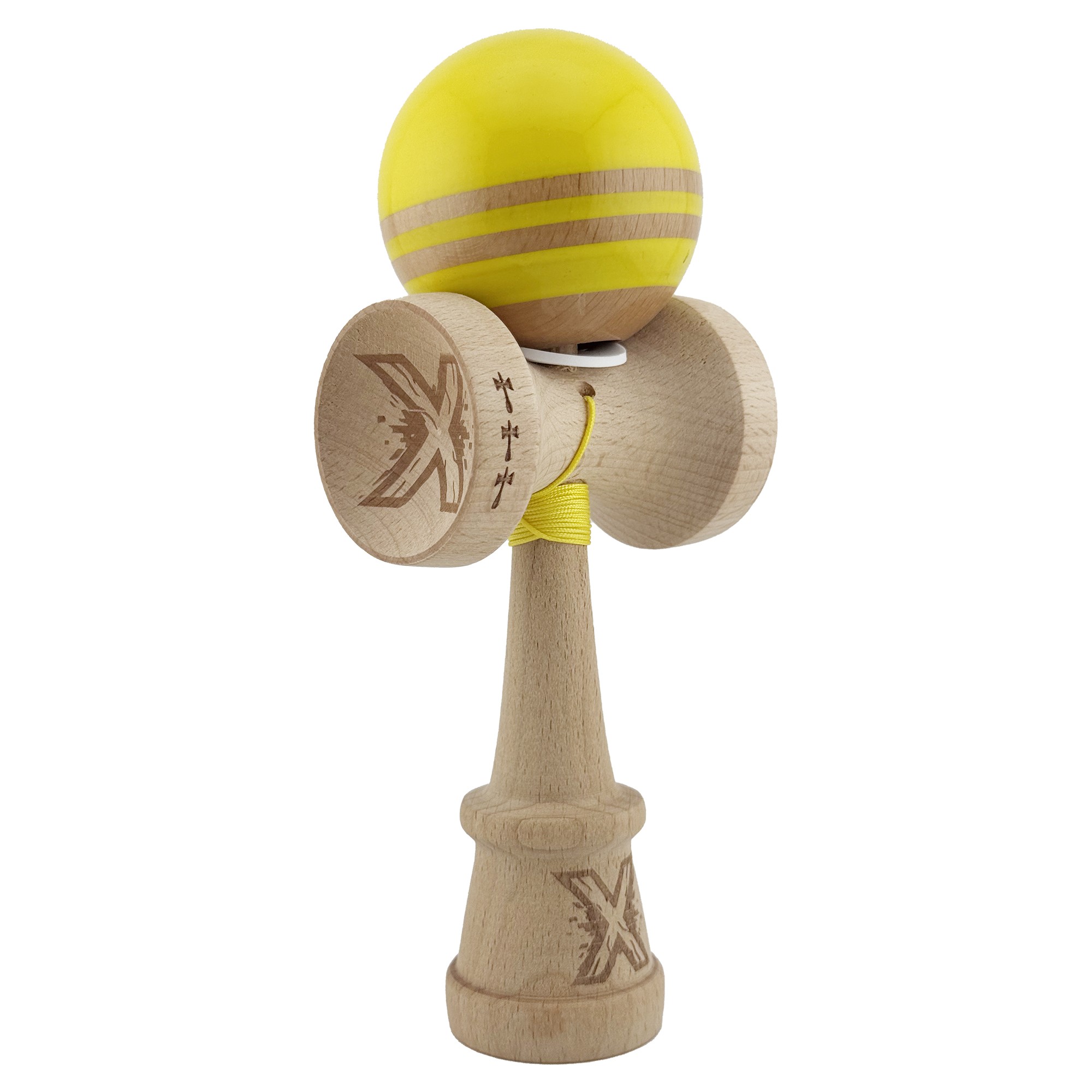 Kendama si Spinnere - Kendama X Originala RAINBOW, Profesionala, Cupe Mari KING SIZE V3, Super Sticky, Gaura in Baza, Rulment Metalic, din lemn 18 cm, Ata 55 cm, Galben/Maro