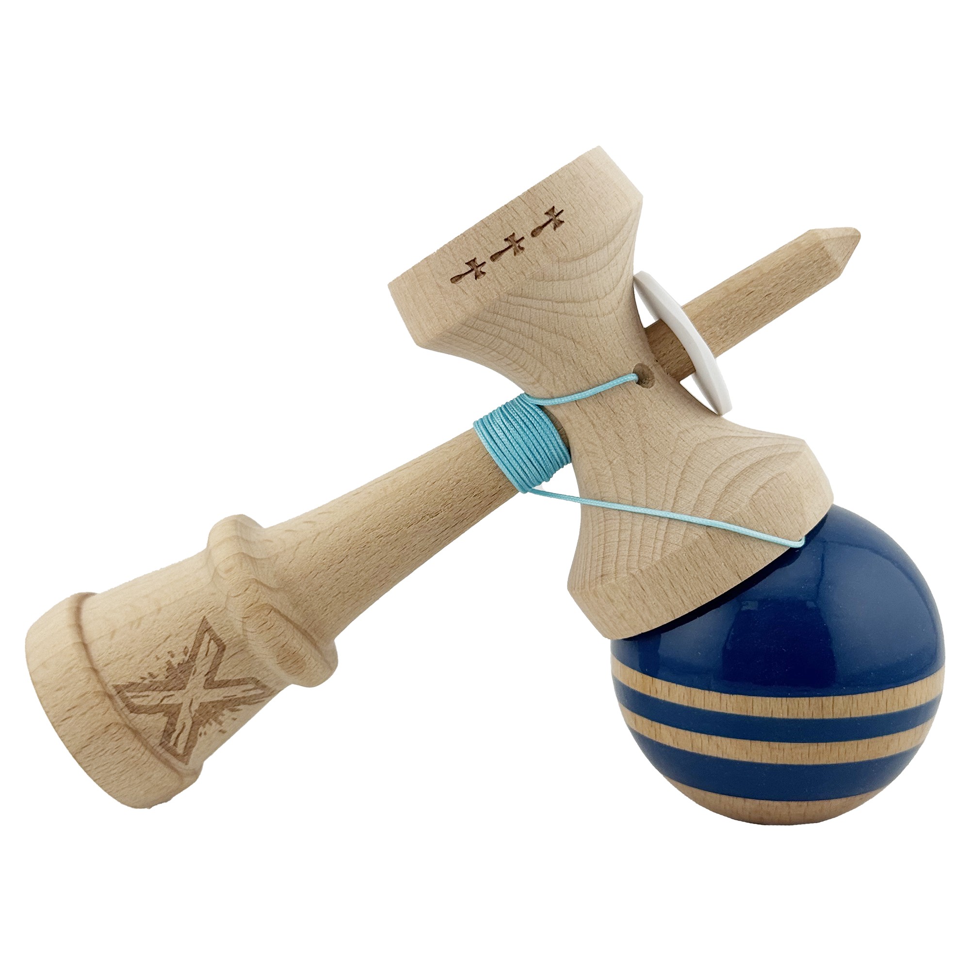 Kendama X Originala RAINBOW, Profesionala, Cupe Mari KING SIZE V3, Super Sticky, Gaura in Baza, Rulment Metalic, din lemn 18 cm, Ata 55 cm, Albastru/Maro [4]