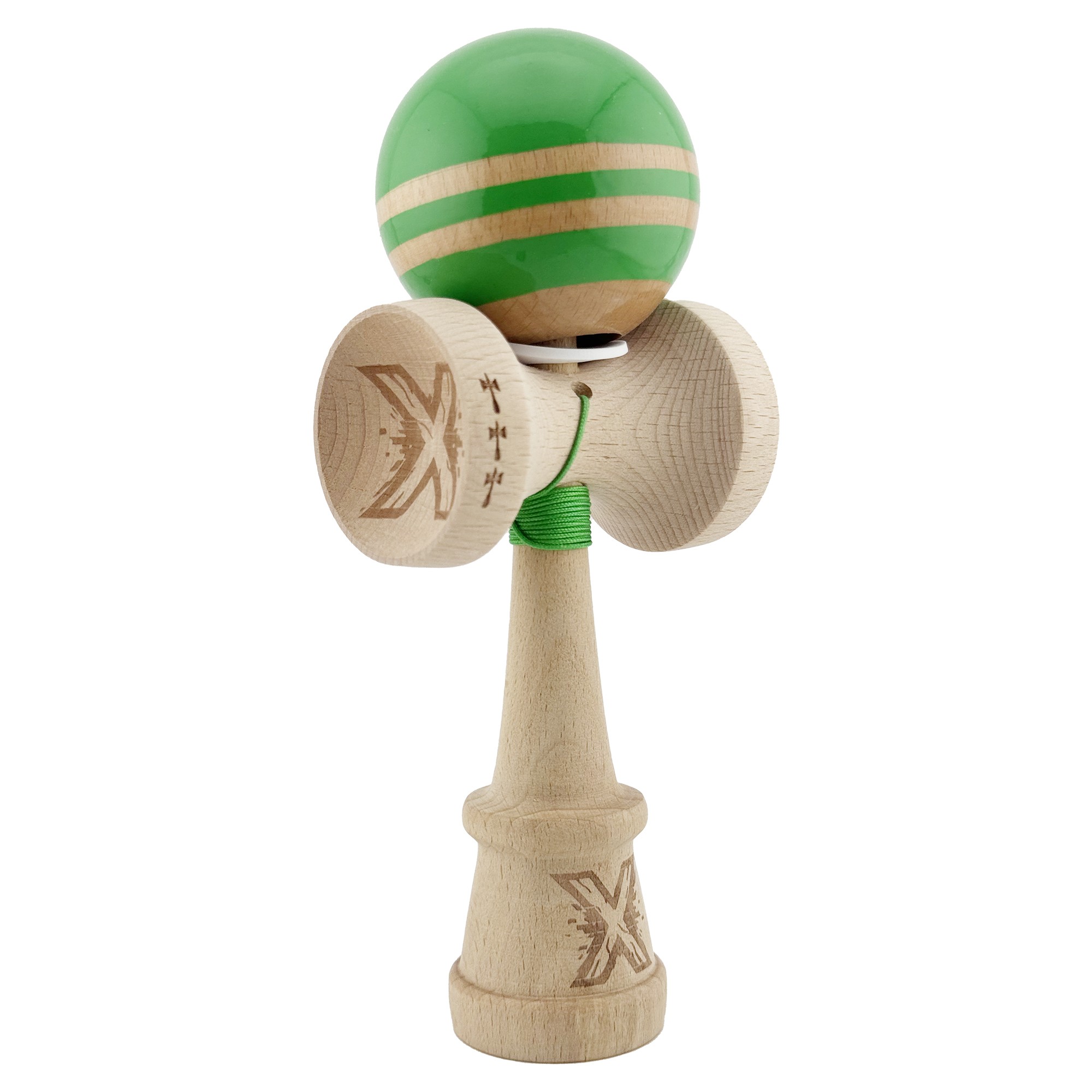 Kendama si Spinnere - Kendama X Originala RAINBOW, Profesionala, Cupe Mari KING SIZE V3, Super Sticky, Gaura in Baza, Rulment Metalic, din lemn 18 cm, Ata 55 cm, Verde/Maro