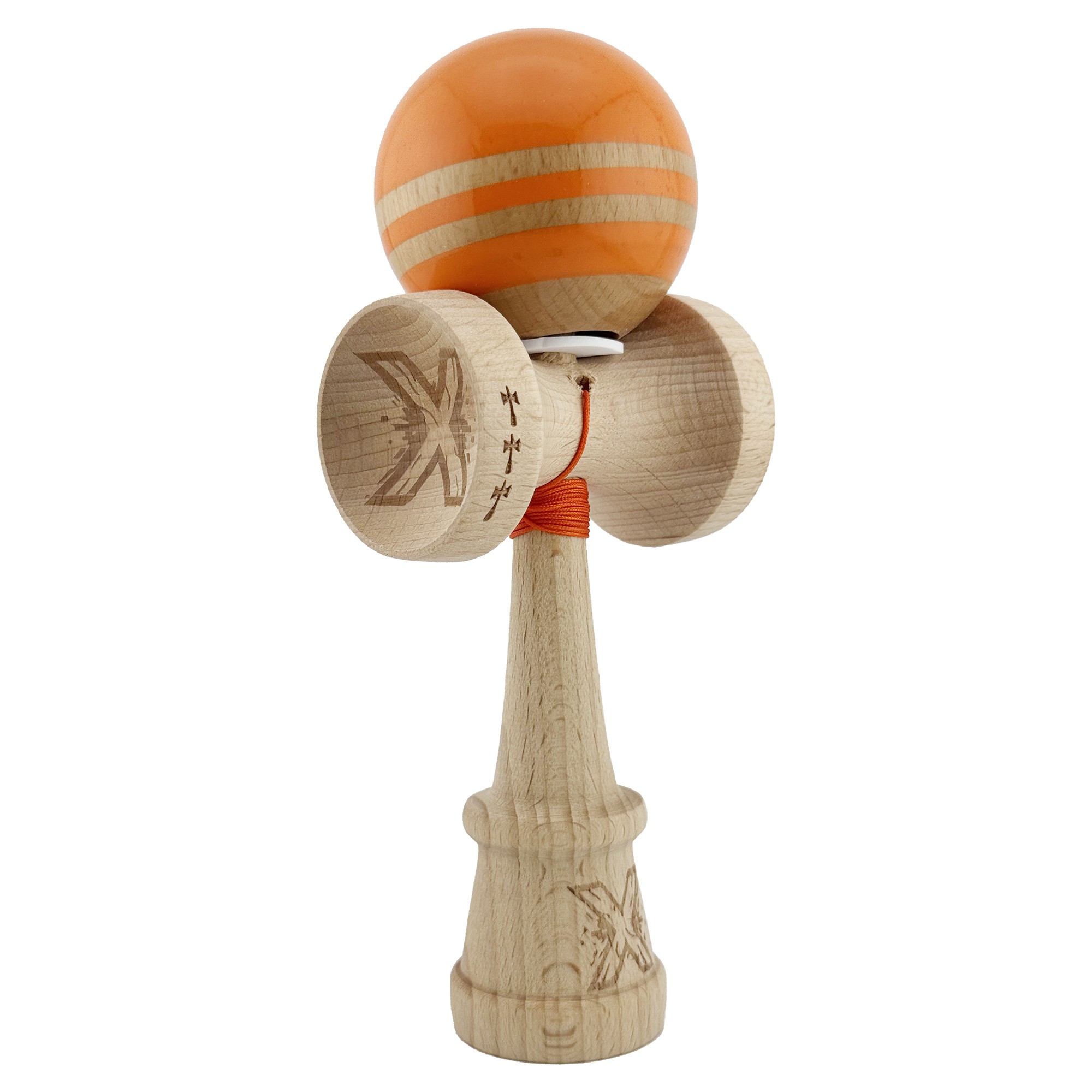 Kendama si Spinnere - Kendama X Originala RAINBOW, Profesionala, Cupe Mari KING SIZE V3, Super Sticky, Gaura in Baza, Rulment Metalic, din lemn 18 cm, Ata 55 cm, Portocaliu/Maro