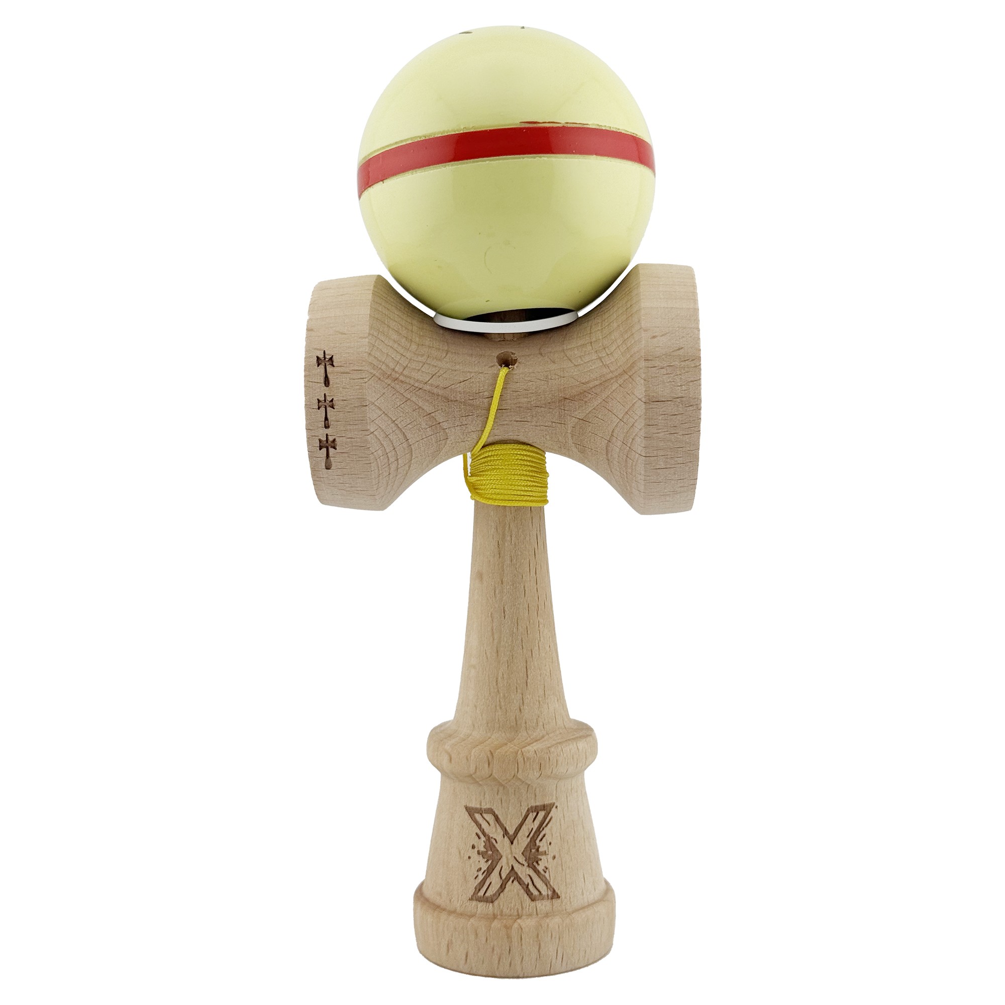 Kendama X Originala Silken, Profesionala, Cupe Mari KING SIZE V3, Super Sticky, Gaura in Baza, Rulment Metalic, din lemn 18 cm, Ata 55 cm, Cream Galben [1]