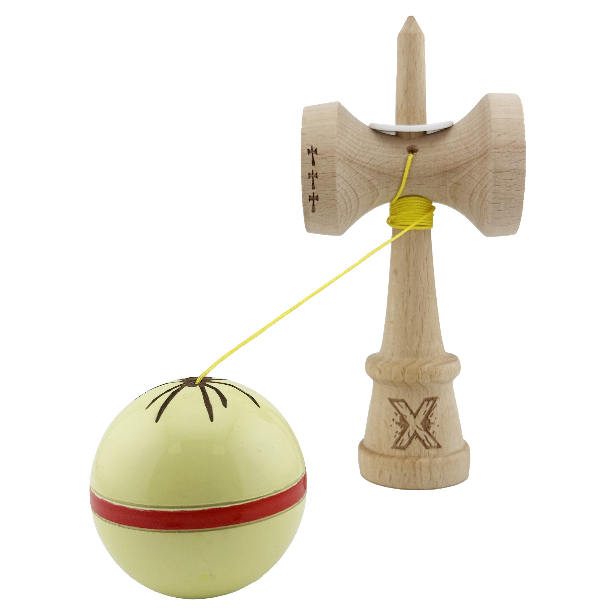 Kendama X Originala Silken, Profesionala, Cupe Mari KING SIZE V3, Super Sticky, Gaura in Baza, Rulment Metalic, din lemn 18 cm, Ata 55 cm, Cream Galben [3]