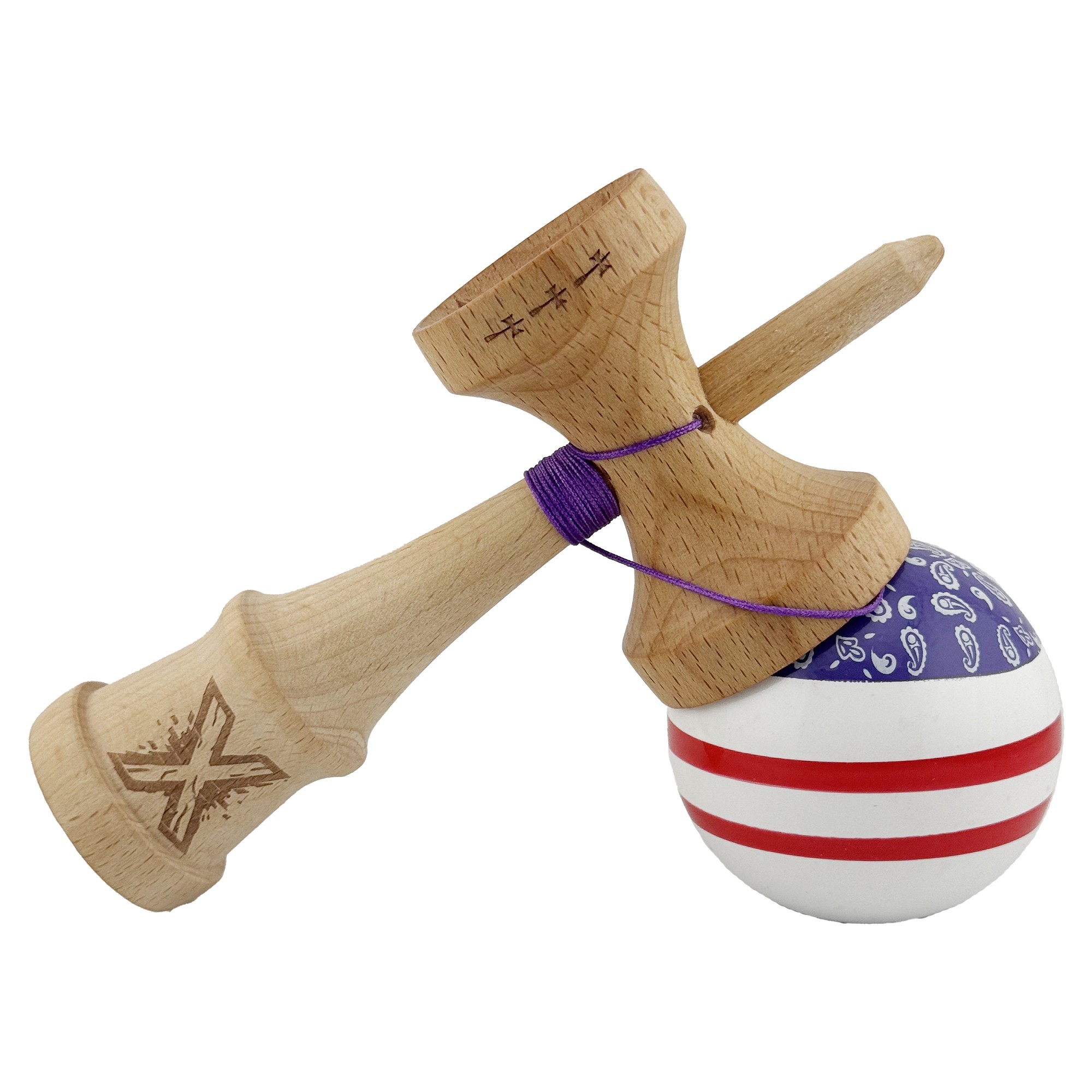 Kendama X CHICANOS Originala, Profesionala, Big Cups V2, Super Sticky cu Cupe Mari, Rulment Metalic, din lemn 18 cm, Ata 55 cm, Violet/Alb [3]