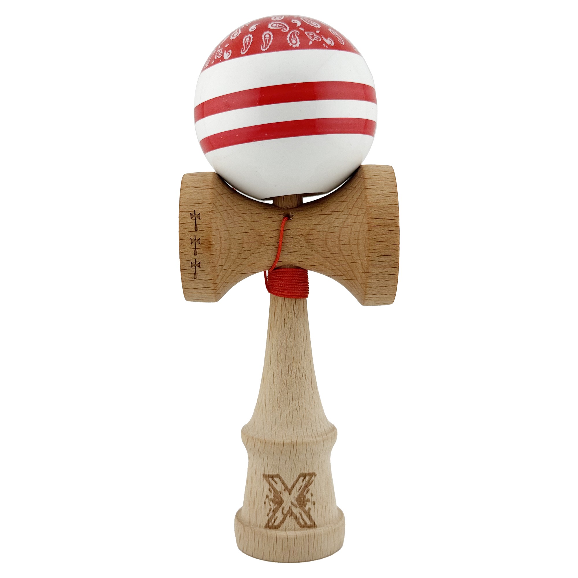Kendama si Spinnere - Kendama X CHICANOS Originala, Profesionala, Big Cups V2, Super Sticky cu Cupe Mari, Rulment Metalic, din lemn 18 cm, Ata 55 cm, Rosu/Alb