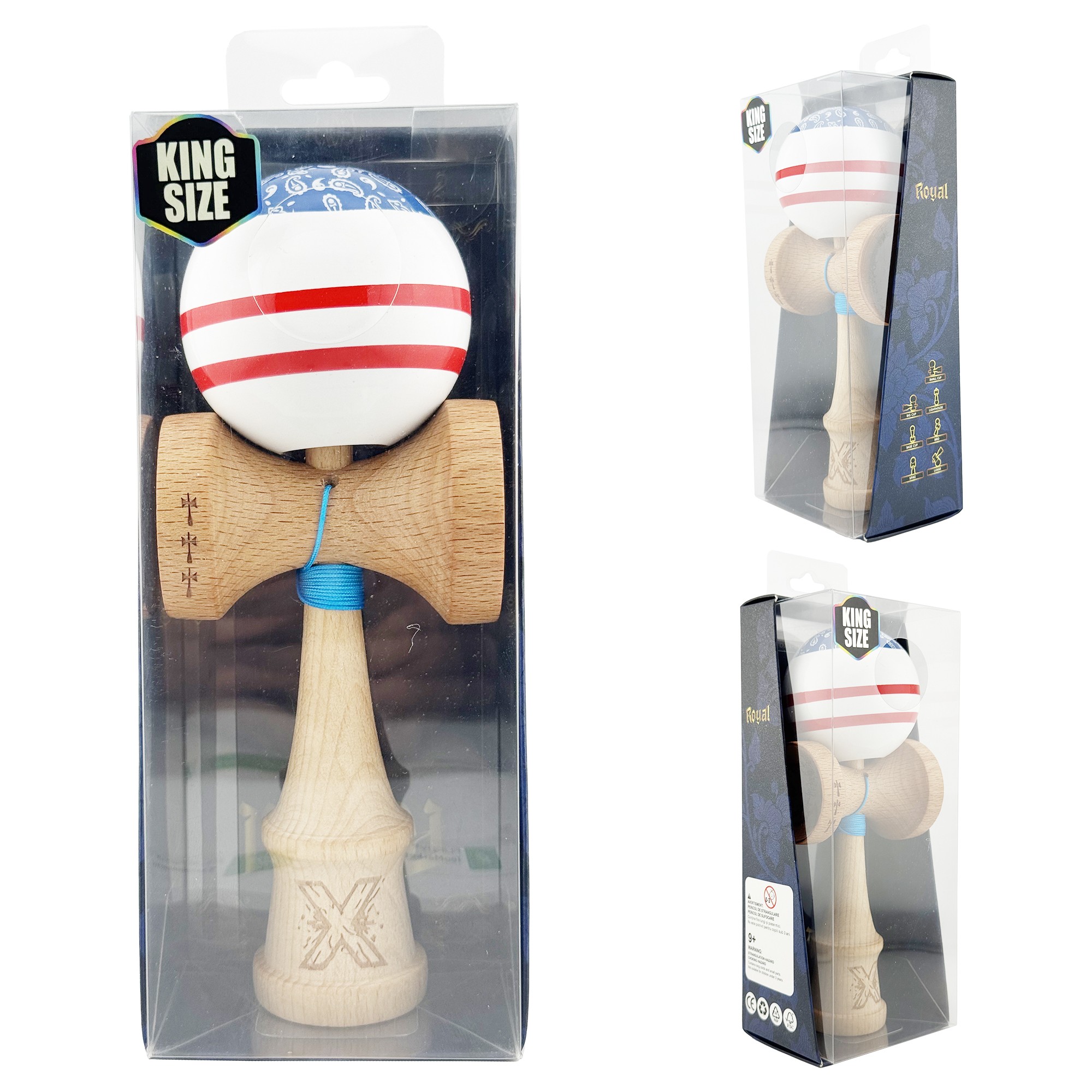 Kendama X CHICANOS Originala, Profesionala, Big Cups V2, Super Sticky cu Cupe Mari, Rulment Metalic, din lemn 18 cm, Ata 55 cm, Albastru/Alb [4]