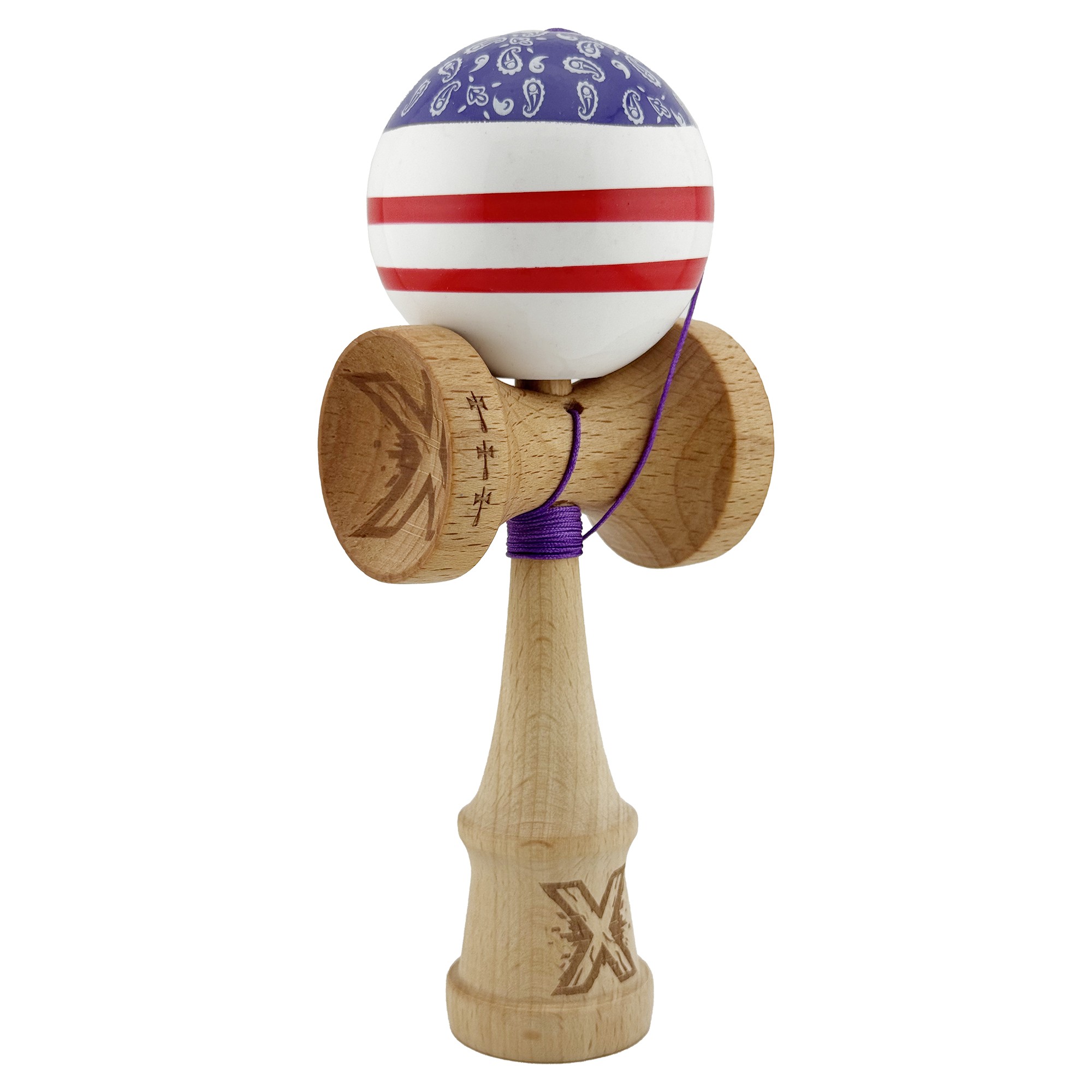 Kendama X CHICANOS Originala, Profesionala, Big Cups V2, Super Sticky cu Cupe Mari, Rulment Metalic, din lemn 18 cm, Ata 55 cm, Violet/Alb [1]