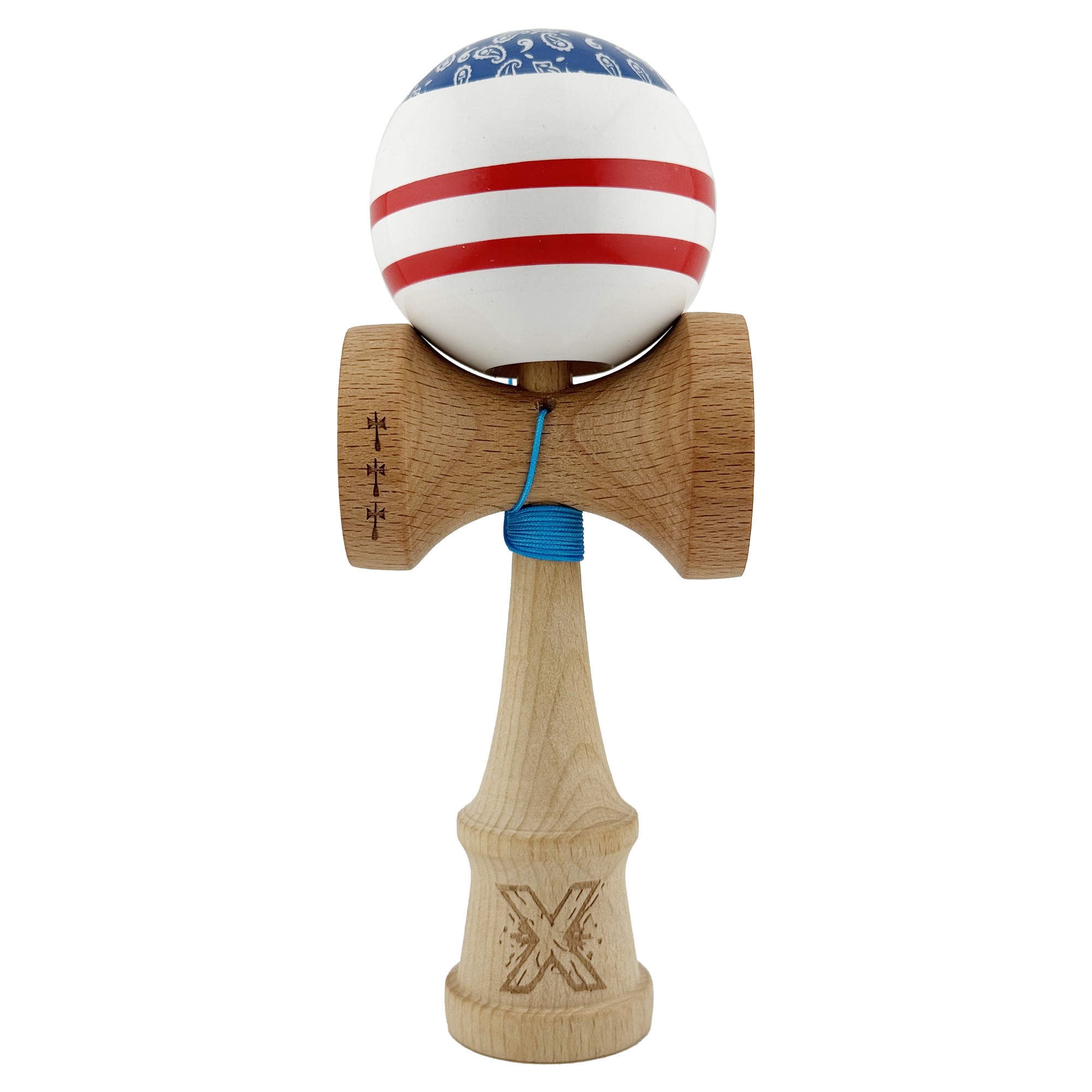 Kendama si Spinnere - Kendama X CHICANOS Originala, Profesionala, Big Cups V2, Super Sticky cu Cupe Mari, Rulment Metalic, din lemn 18 cm, Ata 55 cm, Albastru/Alb