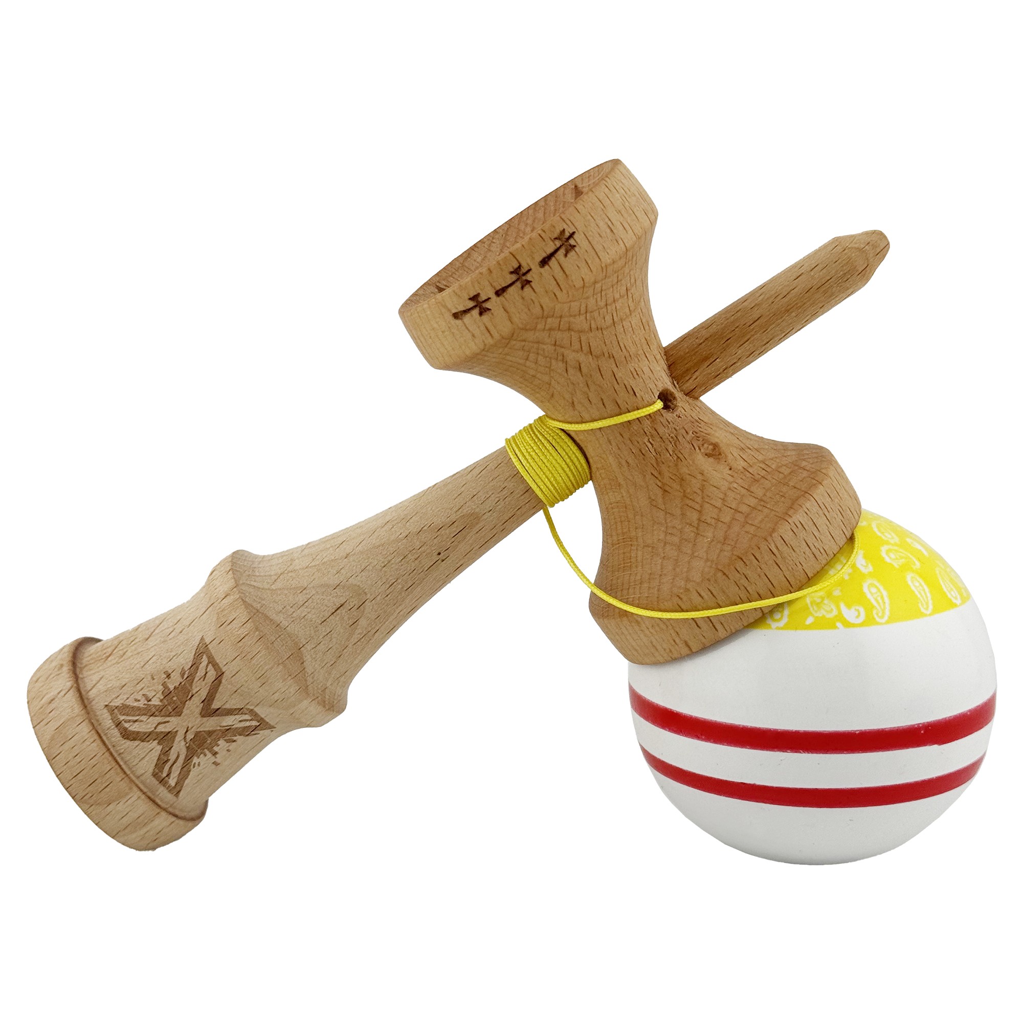 Kendama X CHICANOS Originala, Profesionala, Big Cups V2, Super Sticky cu Cupe Mari, Rulment Metalic, din lemn 18 cm, Ata 55 cm, Auriu/Alb [3]