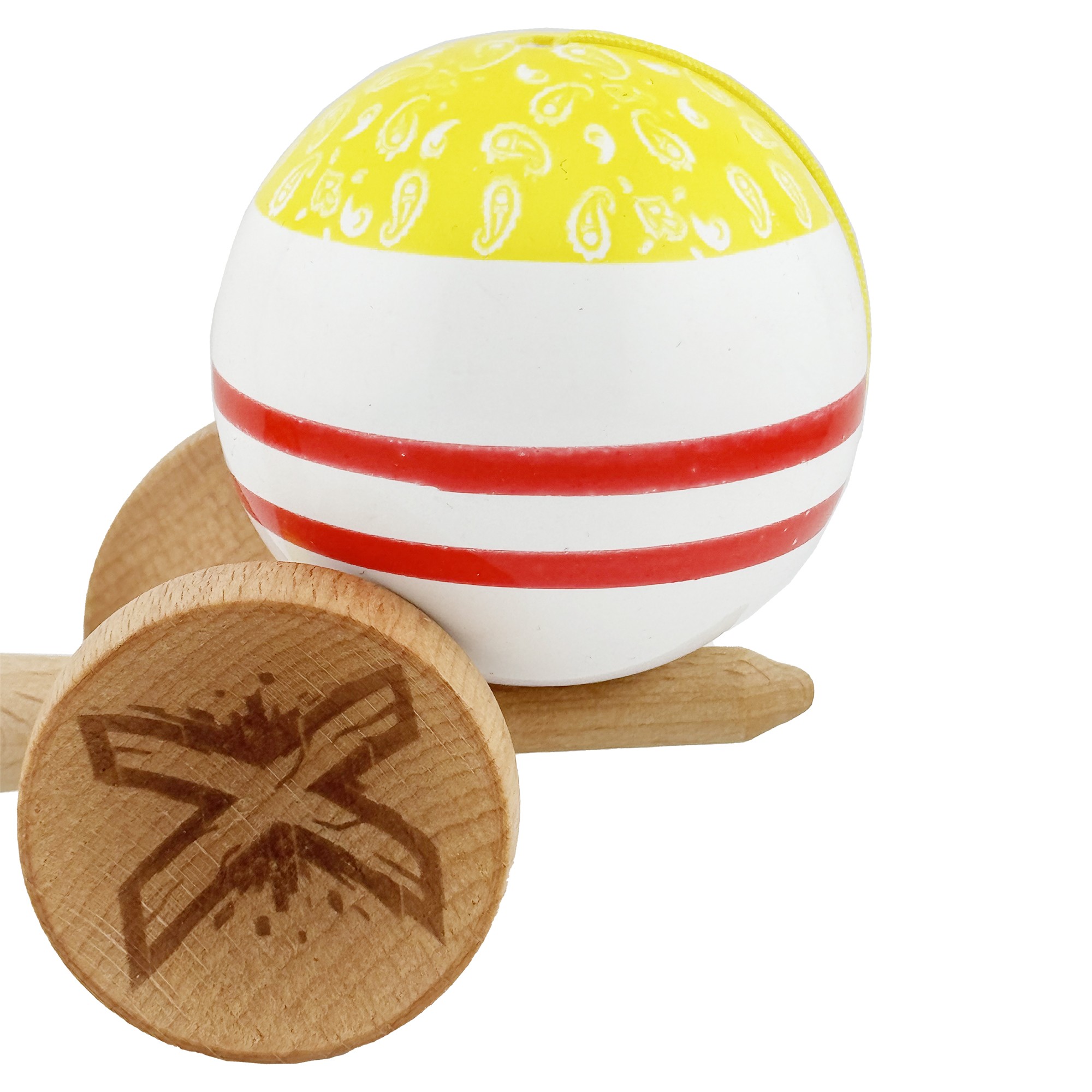 Kendama X CHICANOS Originala, Profesionala, Big Cups V2, Super Sticky cu Cupe Mari, Rulment Metalic, din lemn 18 cm, Ata 55 cm, Auriu/Alb [6]