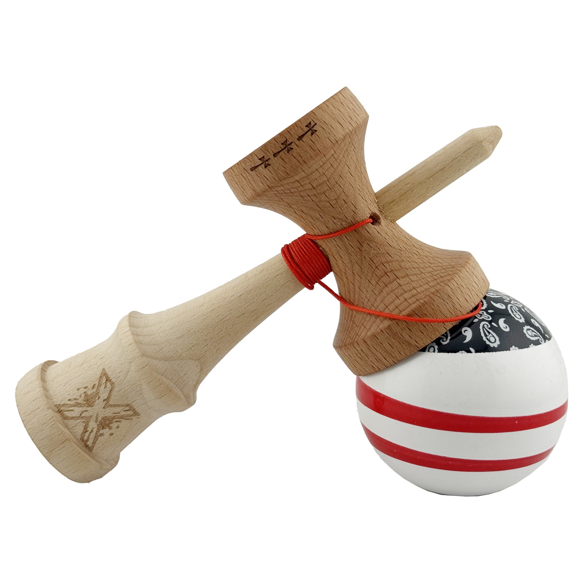 Kendama X CHICANOS Originala, Profesionala, Big Cups V2, Super Sticky cu Cupe Mari, Rulment Metalic, din lemn 18 cm, Ata 55 cm, Negru/Alb [3]