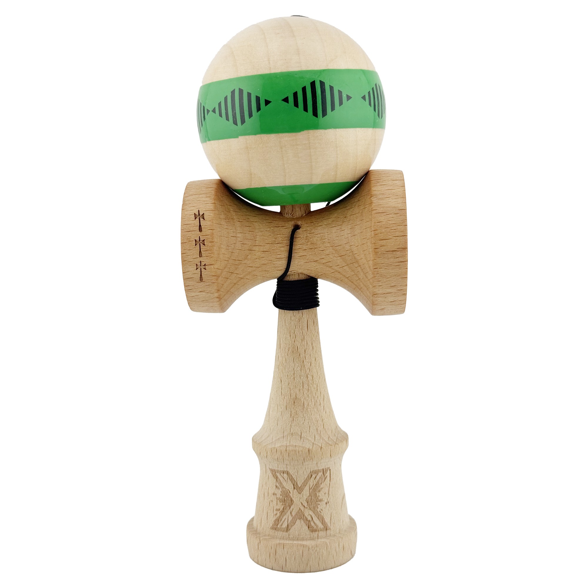 Kendama si Spinnere - Kendama X FREQUENCY Originala, Profesionala, Big Cups V2, Super Sticky cu Cupe Mari, Rulment Metalic, din lemn 18 cm, Ata 55 cm, Verde/Maro