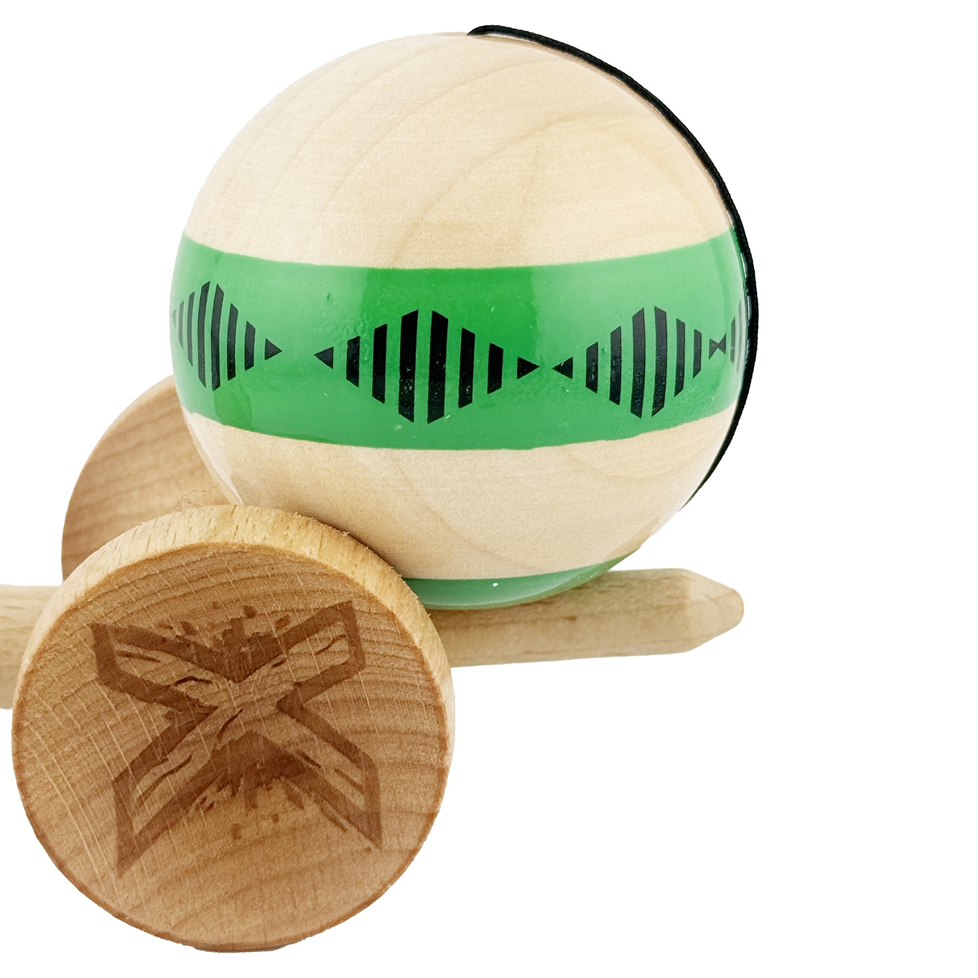 Kendama X FREQUENCY Originala, Profesionala, Big Cups V2, Super Sticky cu Cupe Mari, Rulment Metalic, din lemn 18 cm, Ata 55 cm, Verde/Maro [6]