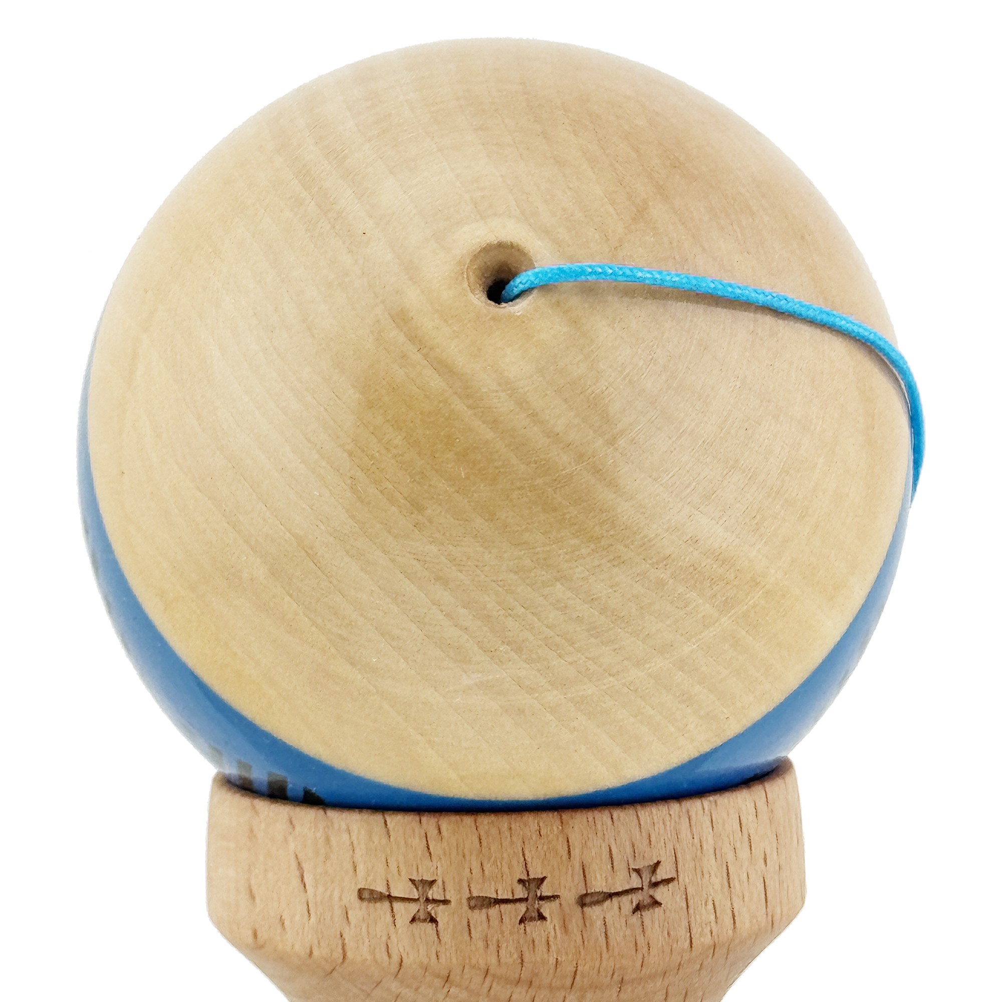 Kendama X FREQUENCY Originala, Profesionala, Big Cups V2, Super Sticky cu Cupe Mari, Rulment Metalic, din lemn 18 cm, Ata 55 cm, Albastru/Maro [7]