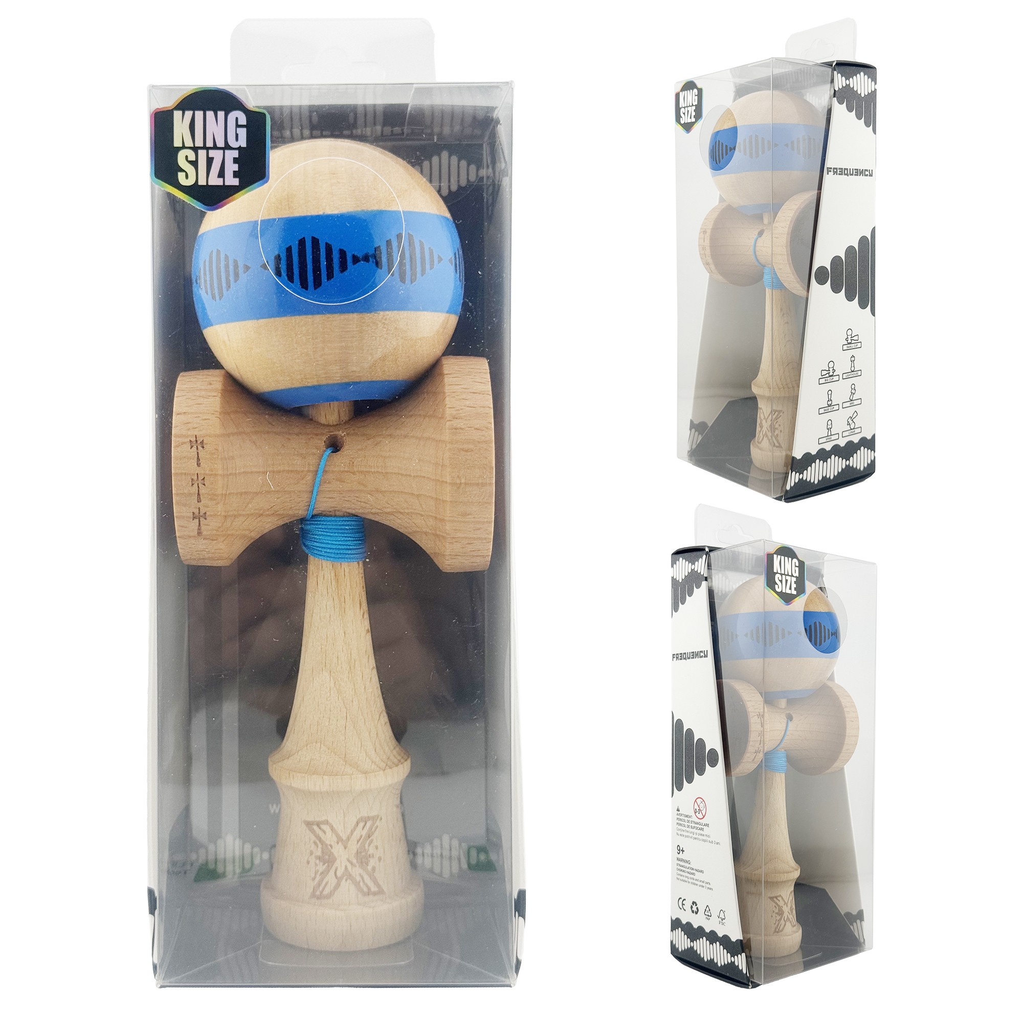 Kendama X FREQUENCY Originala, Profesionala, Big Cups V2, Super Sticky cu Cupe Mari, Rulment Metalic, din lemn 18 cm, Ata 55 cm, Albastru/Maro [9]