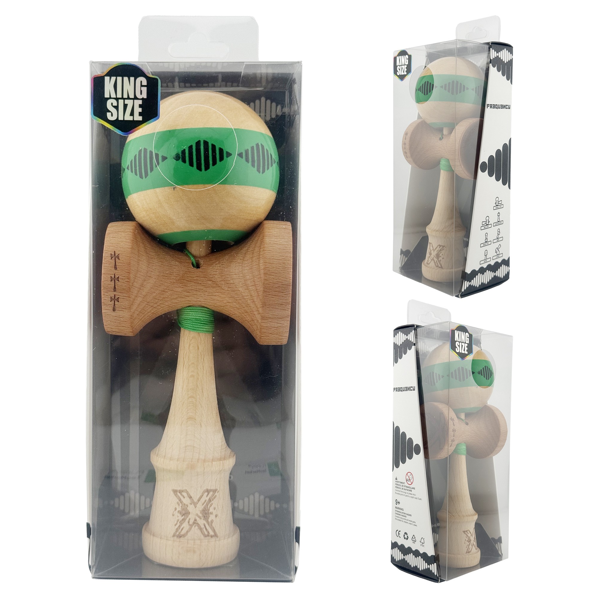 Kendama X FREQUENCY Originala, Profesionala, Big Cups V2, Super Sticky cu Cupe Mari, Rulment Metalic, din lemn 18 cm, Ata 55 cm, Verde/Maro [9]