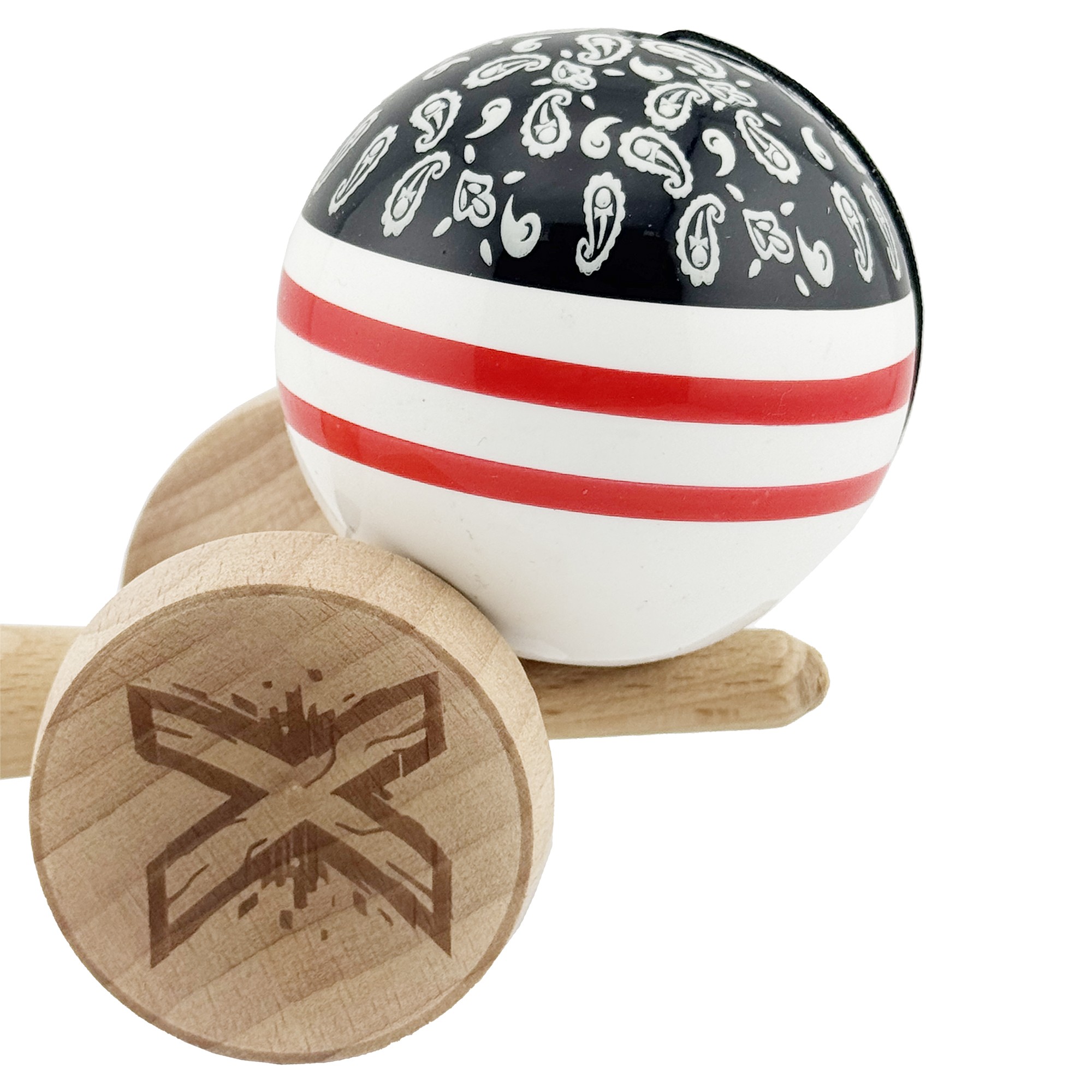 Kendama X Originala CHICANOS, Profesionala, Cupe Mari KING SIZE V3, Super Sticky, Gaura in Baza, Rulment Metalic, din lemn 18 cm, Ata 55 cm, Negru/Alb [7]