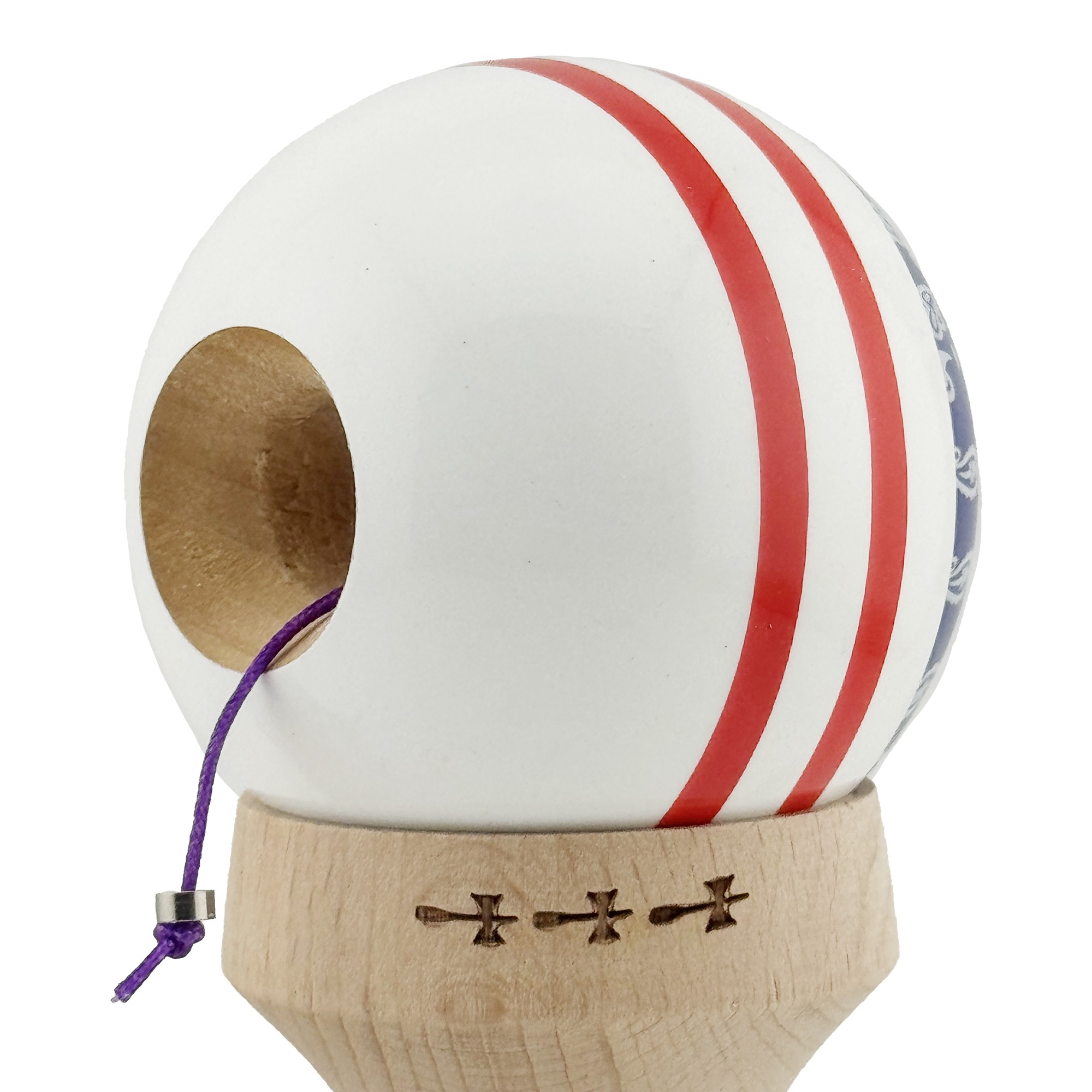 Kendama X Originala CHICANOS, Profesionala, Cupe Mari KING SIZE V3, Super Sticky, Gaura in Baza, Rulment Metalic, din lemn 18 cm, Ata 55 cm, Mov/Alb [5]