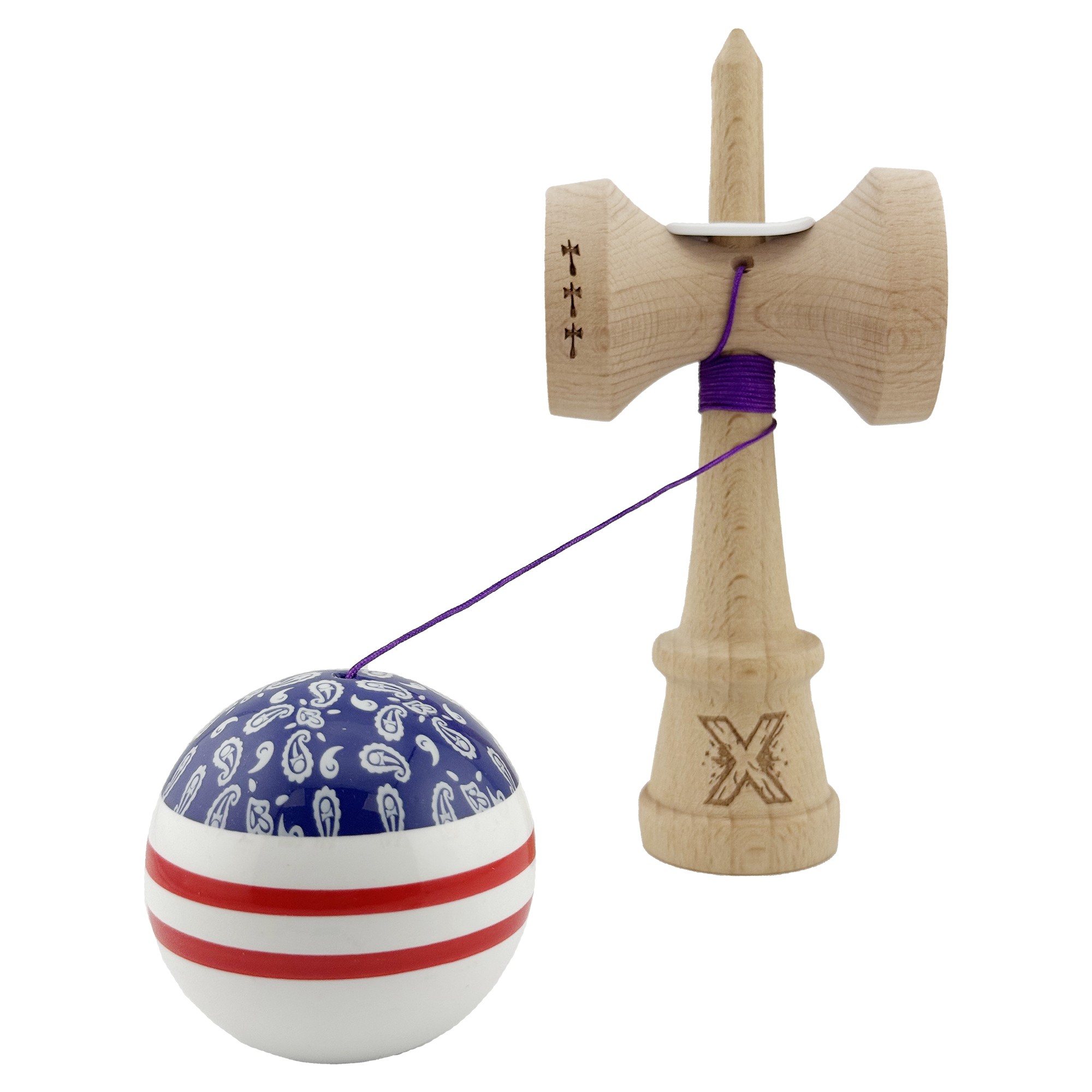 Kendama X Originala CHICANOS, Profesionala, Cupe Mari KING SIZE V3, Super Sticky, Gaura in Baza, Rulment Metalic, din lemn 18 cm, Ata 55 cm, Mov/Alb [3]