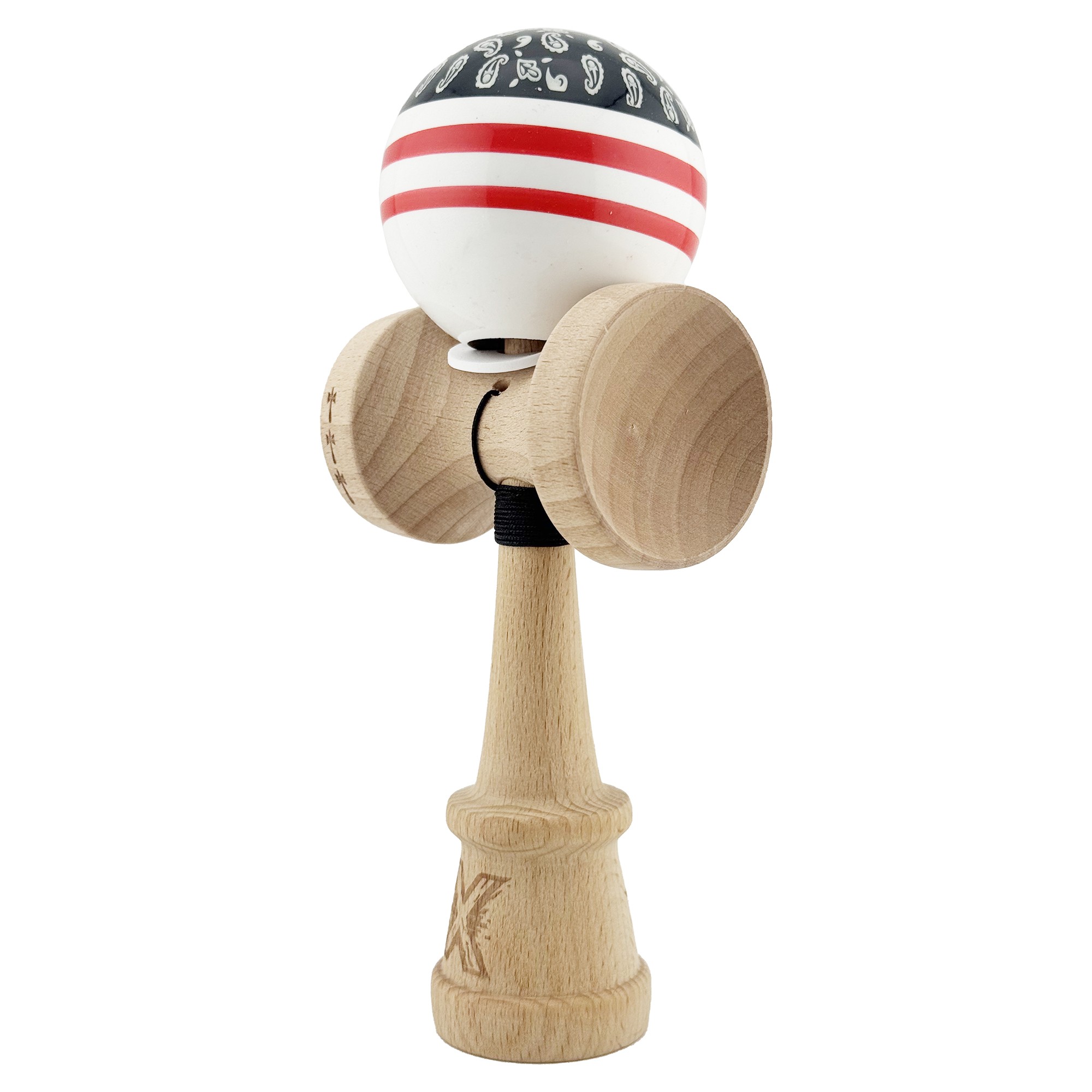 Kendama X Originala CHICANOS, Profesionala, Cupe Mari KING SIZE V3, Super Sticky, Gaura in Baza, Rulment Metalic, din lemn 18 cm, Ata 55 cm, Negru/Alb [2]