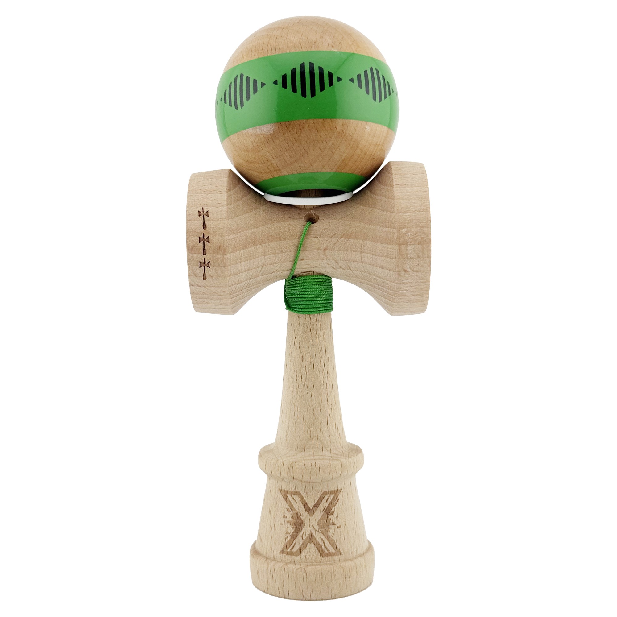 Kendama X Originala FREQUENCY, Profesionala, Cupe Mari KING SIZE V3, Super Sticky, Gaura in Baza, Rulment Metalic, din lemn 18 cm, Ata 55 cm, Verde/Maro [1]