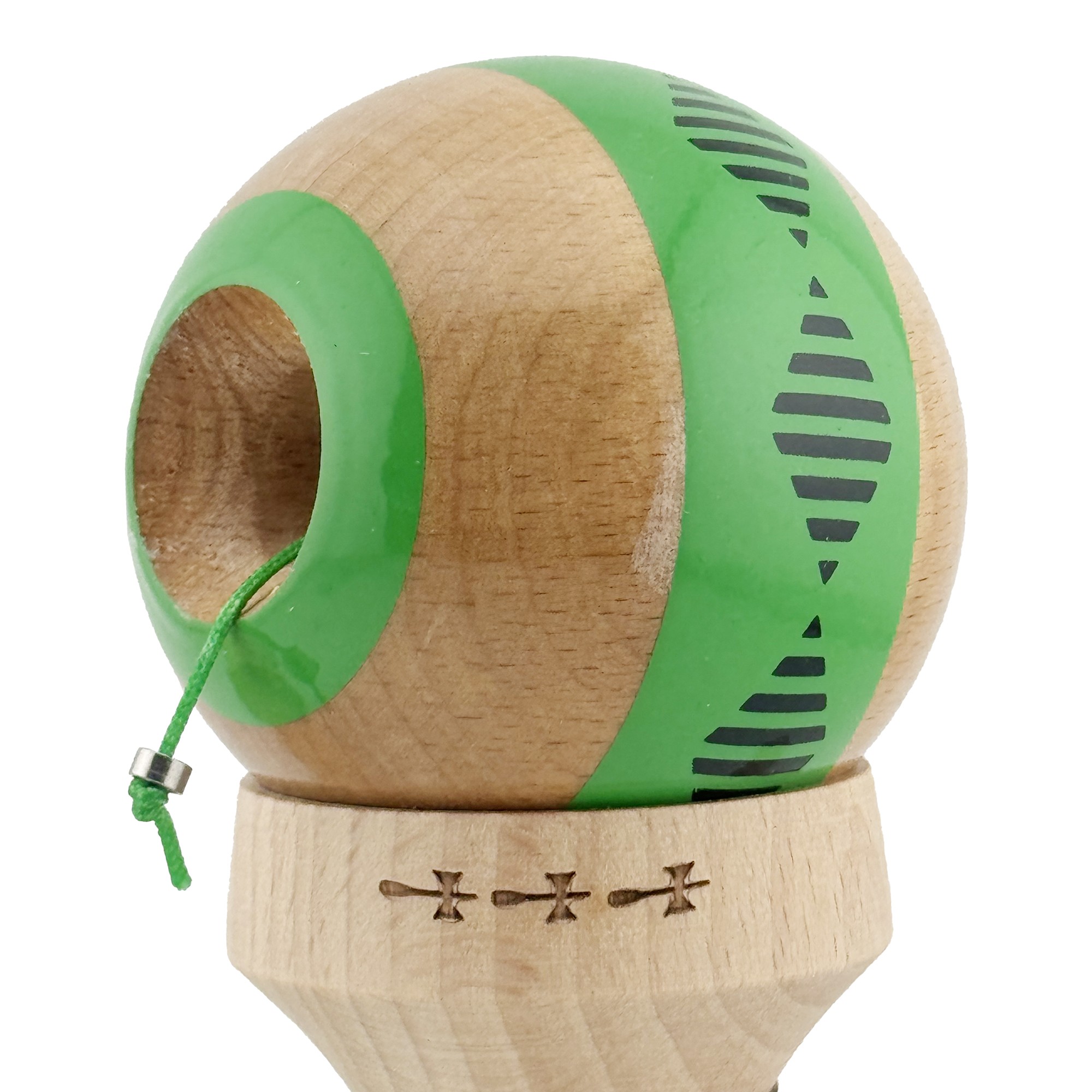 Kendama X Originala FREQUENCY, Profesionala, Cupe Mari KING SIZE V3, Super Sticky, Gaura in Baza, Rulment Metalic, din lemn 18 cm, Ata 55 cm, Verde/Maro [5]