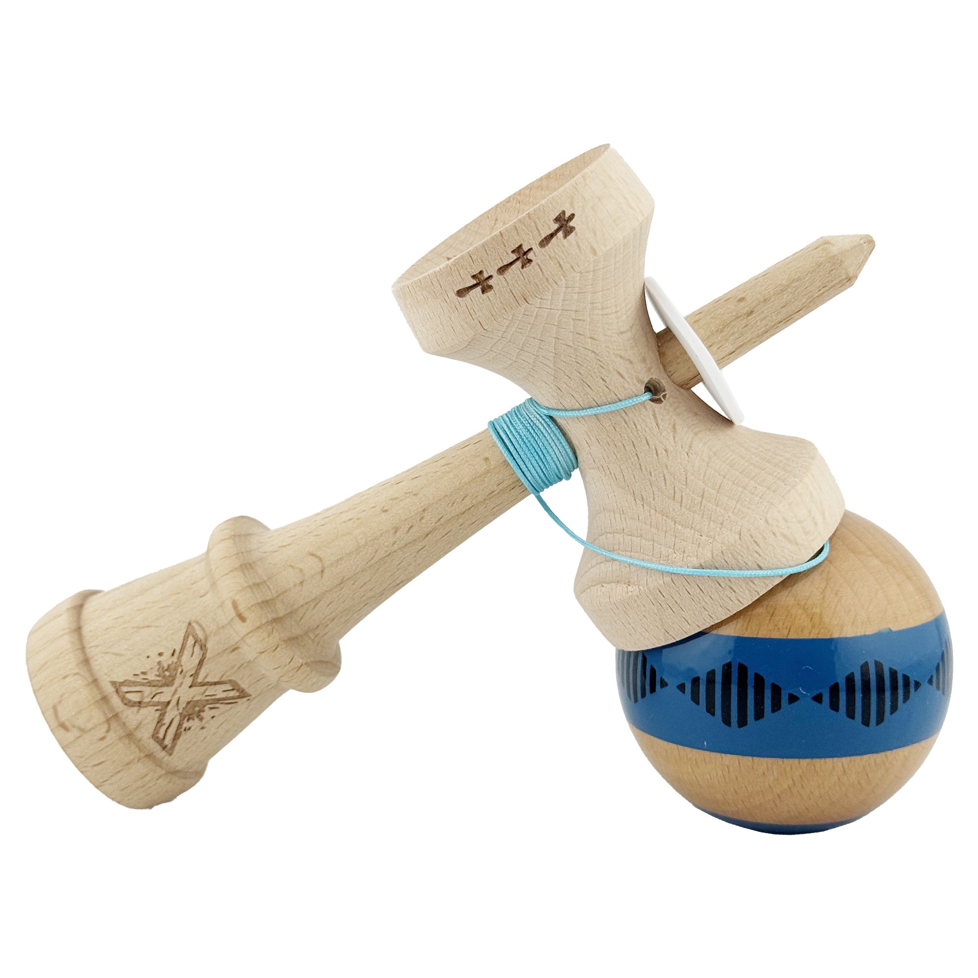 Kendama X Originala FREQUENCY, Profesionala, Cupe Mari KING SIZE V3, Super Sticky, Gaura in Baza, Rulment Metalic, din lemn 18 cm, Ata 55 cm, Albastru/Maro [4]