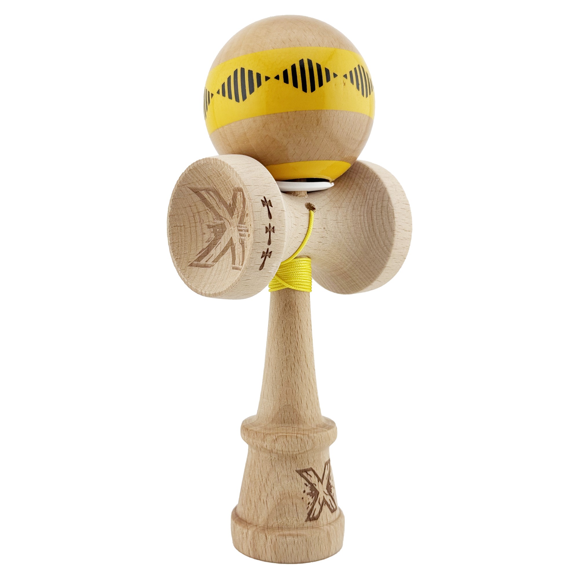 Kendama si Spinnere - Kendama X Originala FREQUENCY, Profesionala, Cupe Mari KING SIZE V3, Super Sticky, Gaura in Baza, Rulment Metalic, din lemn 18 cm, Ata 55 cm, Galben/Maro