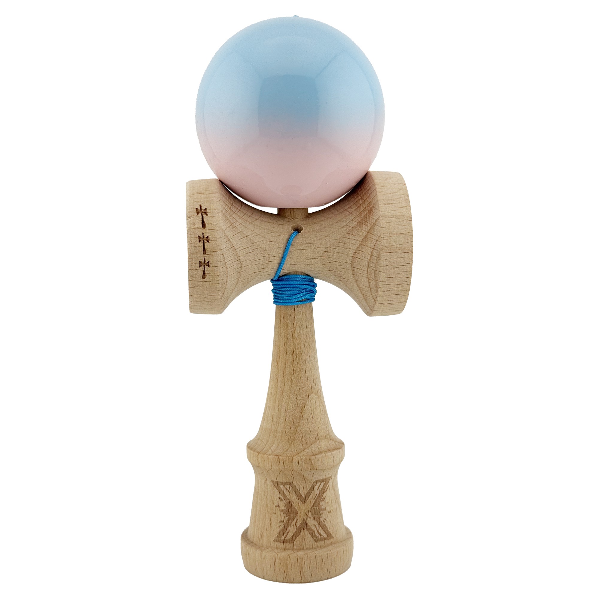Kendama si Spinnere - Kendama X Originala, Profesionala, Big Cups V2, Super Sticky cu Cupe Mari, din lemn 18 cm, Rulment Metalic cu Ata 55 cm, Albastru deschis/Roz